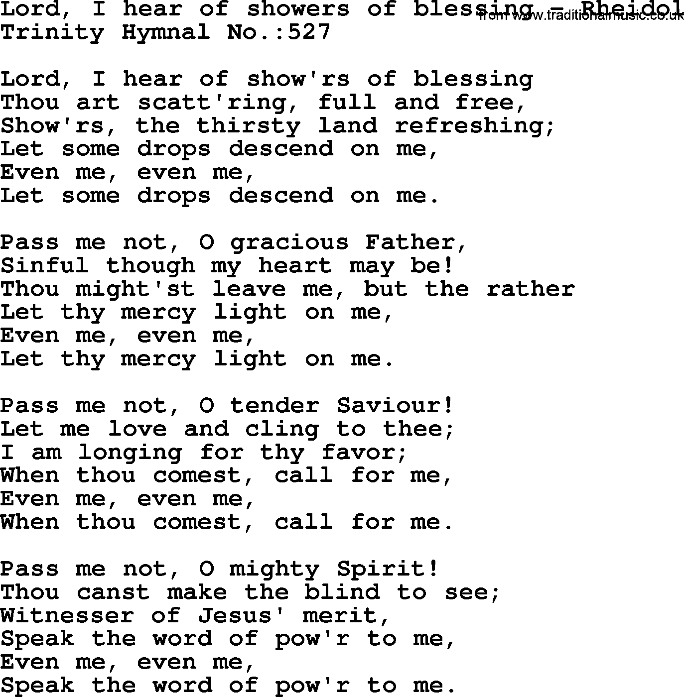 Trinity Hymnal Hymn: Lord, I Hear Of Showers Of Blessing--Rheidol, lyrics with midi music