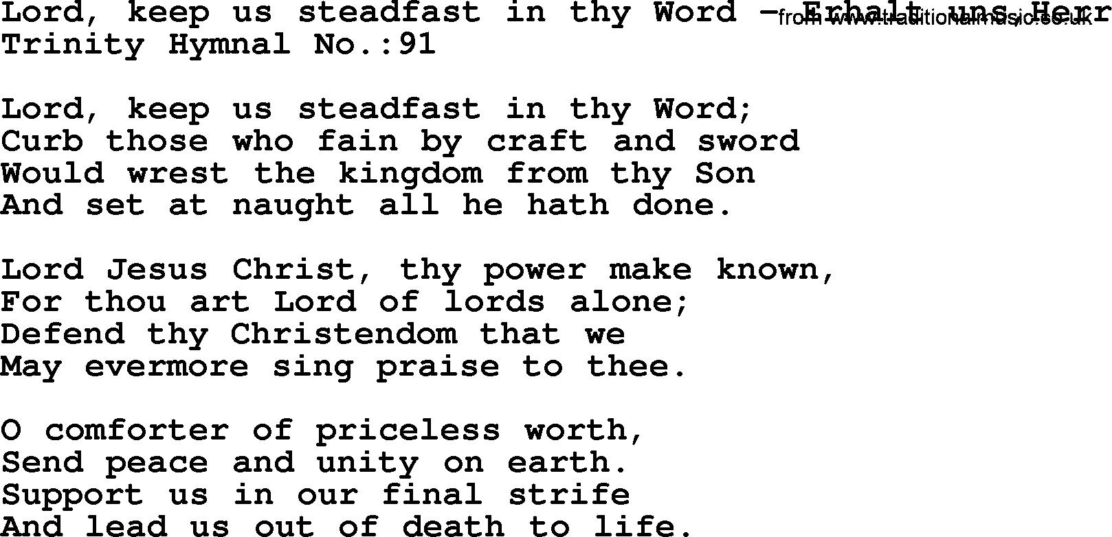 Trinity Hymnal Hymn: Lord, Keep Us Steadfast In Thy Word--Erhalt Uns,Herr, lyrics with midi music