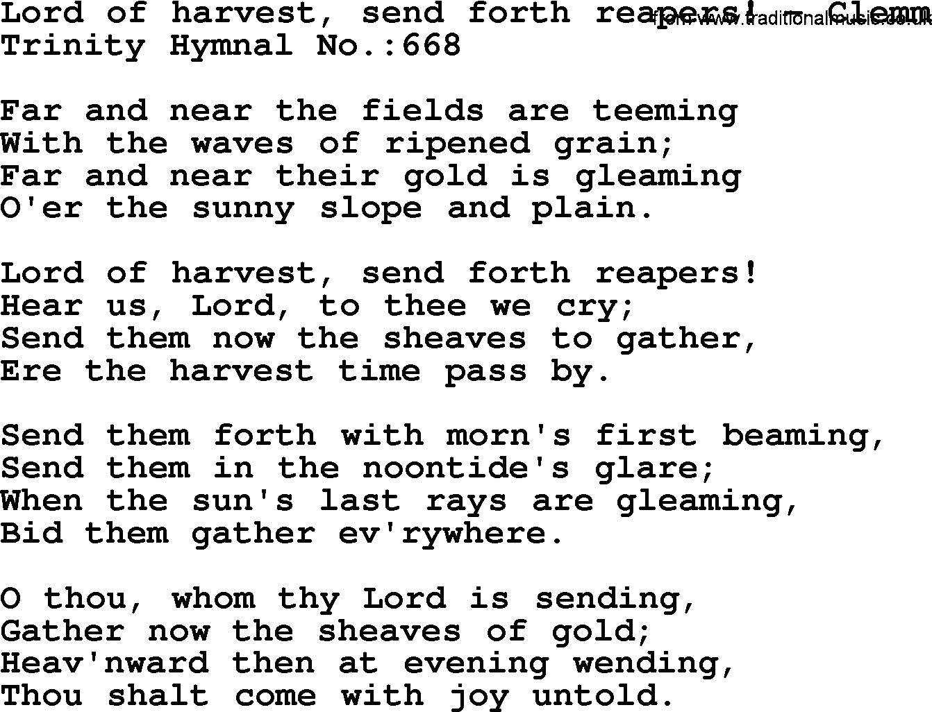 Trinity Hymnal Hymn: Lord Of Harvest, Send Forth Reapers!--Clemm, lyrics with midi music
