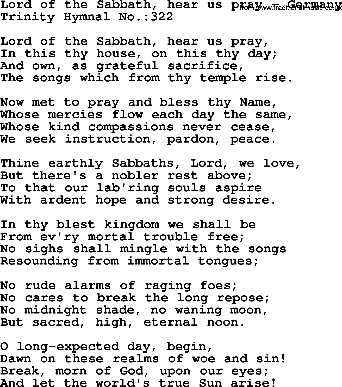 Trinity Hymnal Hymn: Lord Of The Sabbath, Hear Us Pray--Germany, lyrics with midi music