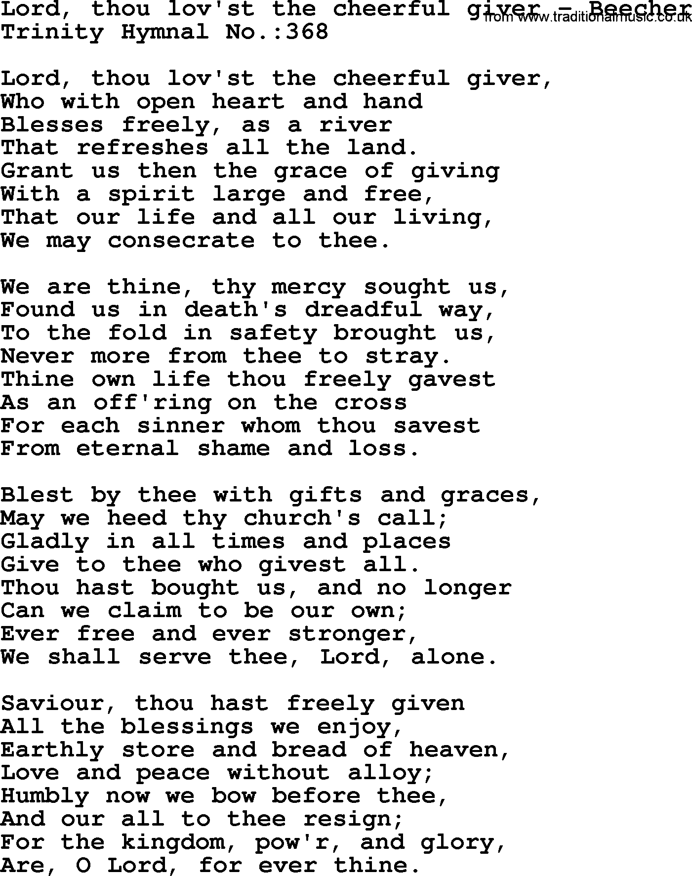 Trinity Hymnal Hymn: Lord, Thou Lov'st The Cheerful Giver--Beecher, lyrics with midi music