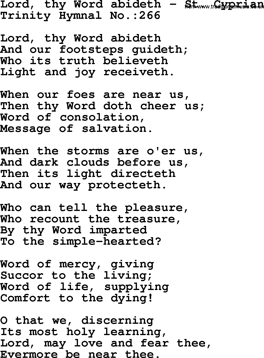 Trinity Hymnal Hymn: Lord, Thy Word Abideth--St. Cyprian, lyrics with midi music