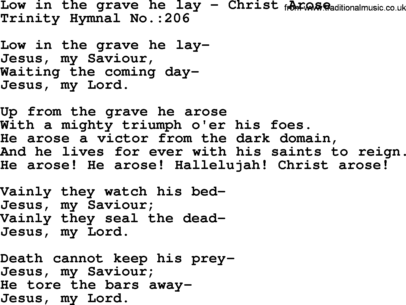 Trinity Hymnal Hymn: Low In The Grave He Lay--Christ Arose, lyrics with midi music