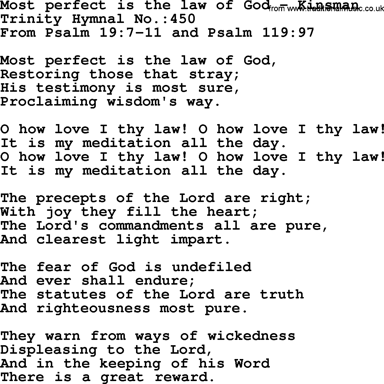 Trinity Hymnal Hymn: Most Perfect Is The Law Of God--Kinsman, lyrics with midi music