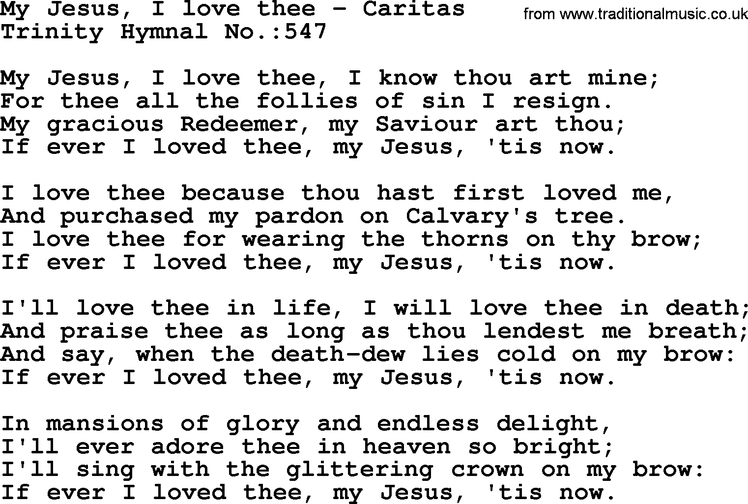 Trinity Hymnal Hymn: My Jesus, I Love Thee--Caritas, lyrics with midi music