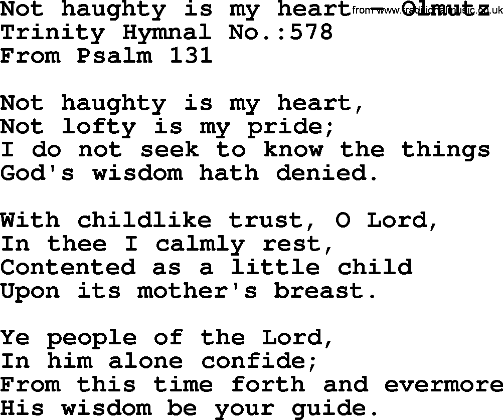 Trinity Hymnal Hymn: Not Haughty Is My Heart--Olmutz, lyrics with midi music