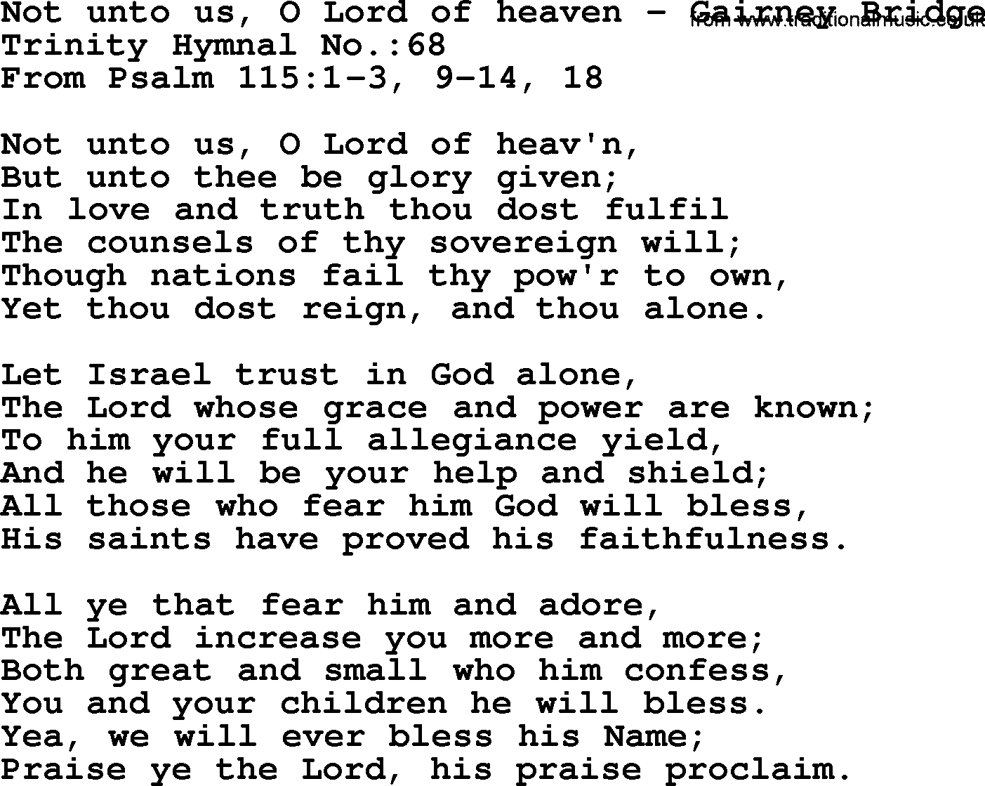 Trinity Hymnal Hymn: Not Unto Us, O Lord Of Heaven--Gairney Bridge, lyrics with midi music