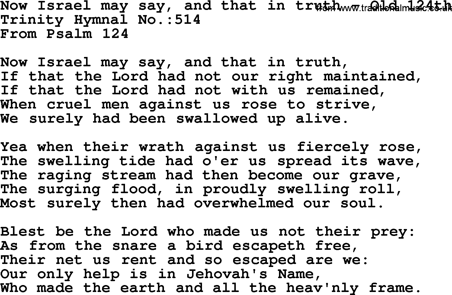 Trinity Hymnal Hymn: Now Israel May Say, And That In Truth--Old 124th, lyrics with midi music