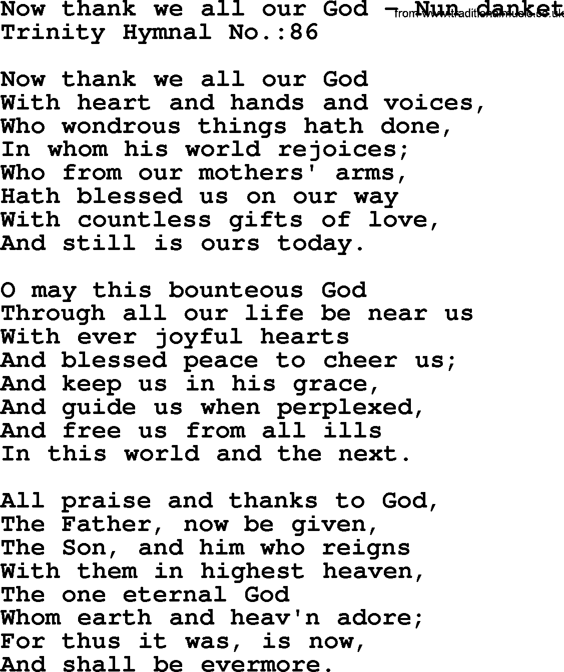 Trinity Hymnal Hymn: Now Thank We All Our God--Nun Danket, lyrics with midi music