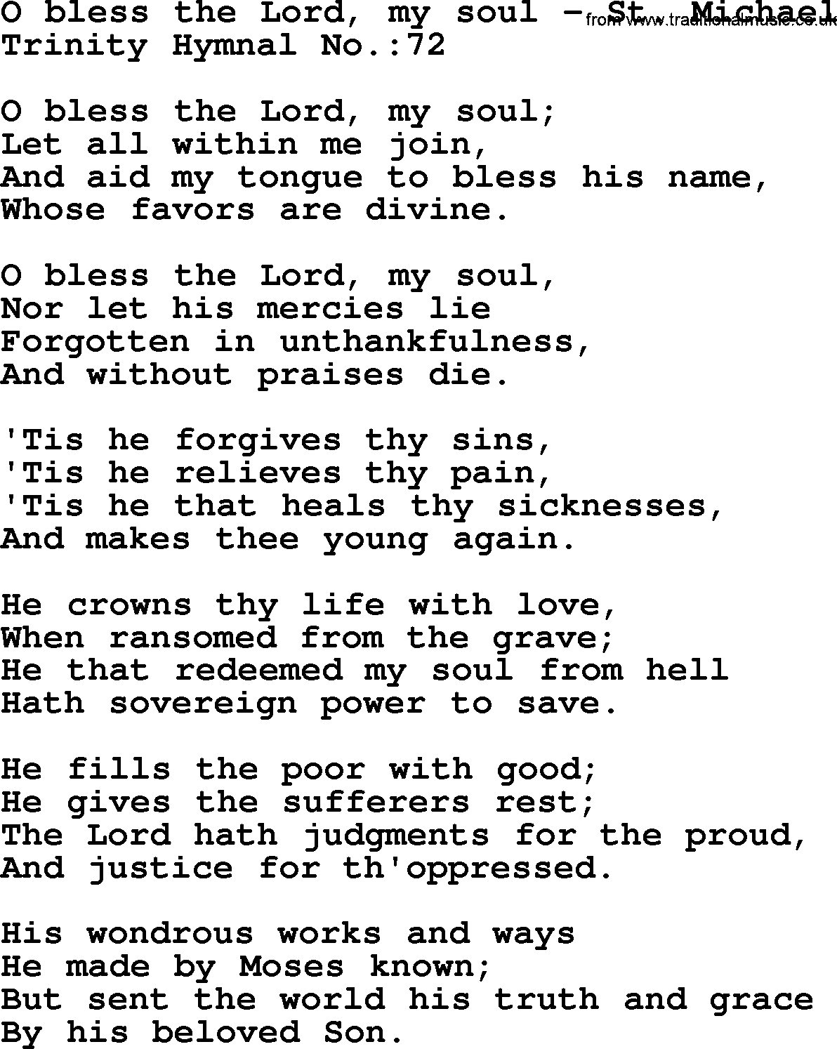 Trinity Hymnal Hymn: O Bless The Lord, My Soul--St. Michael, lyrics with midi music