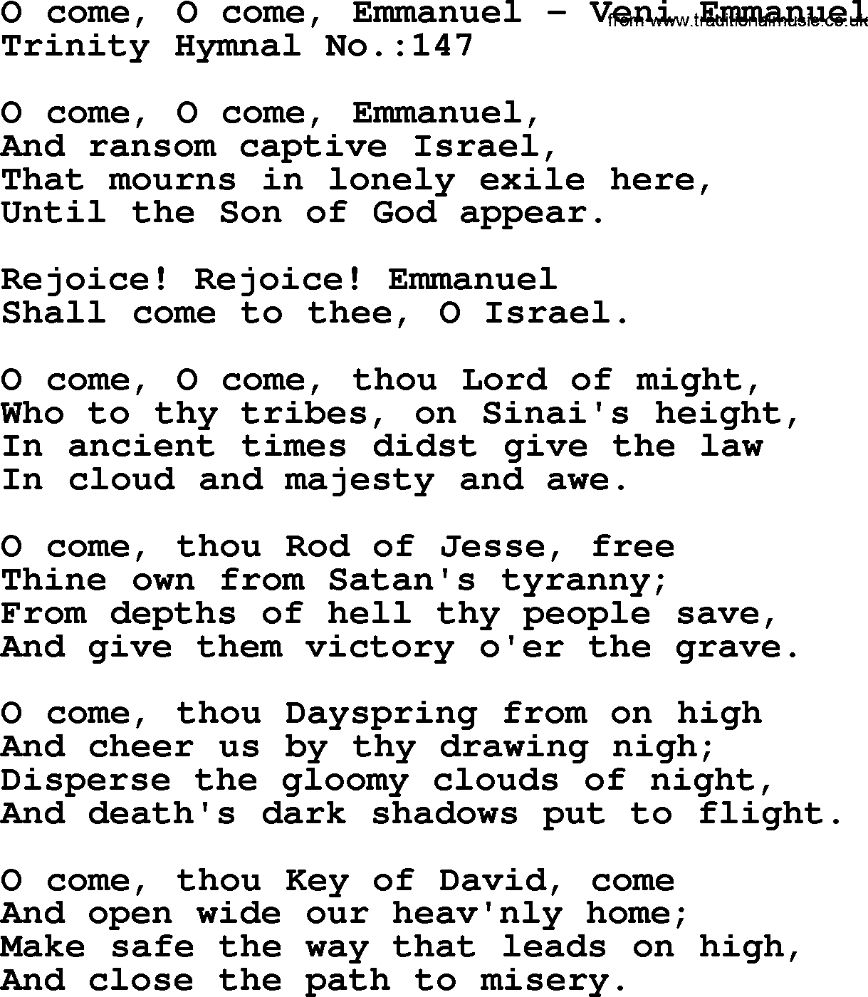 Trinity Hymnal Hymn: O Come, O Come, Emmanuel--Veni Emmanuel, lyrics with midi music
