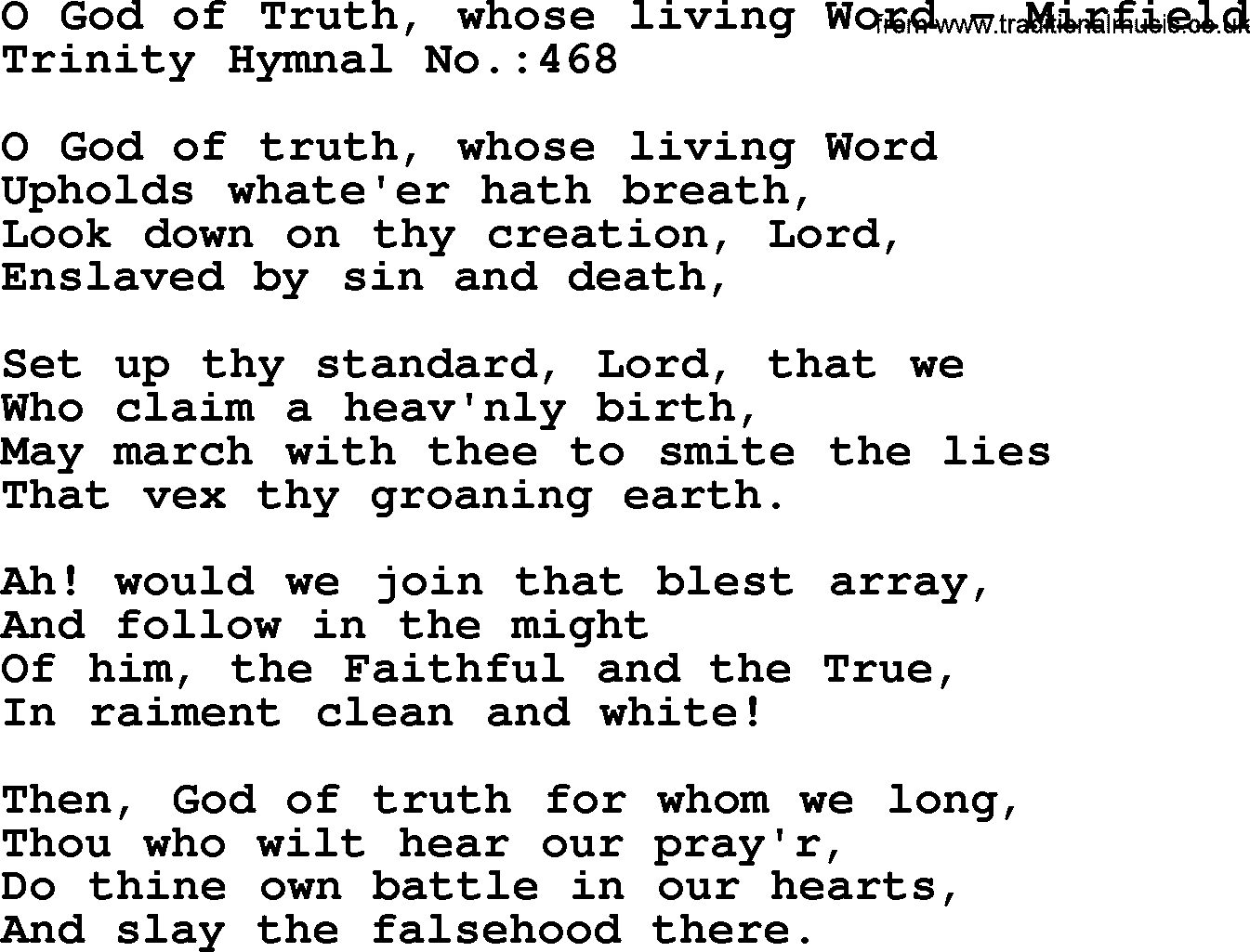Trinity Hymnal Hymn: O God Of Truth, Whose Living Word--Mirfield, lyrics with midi music