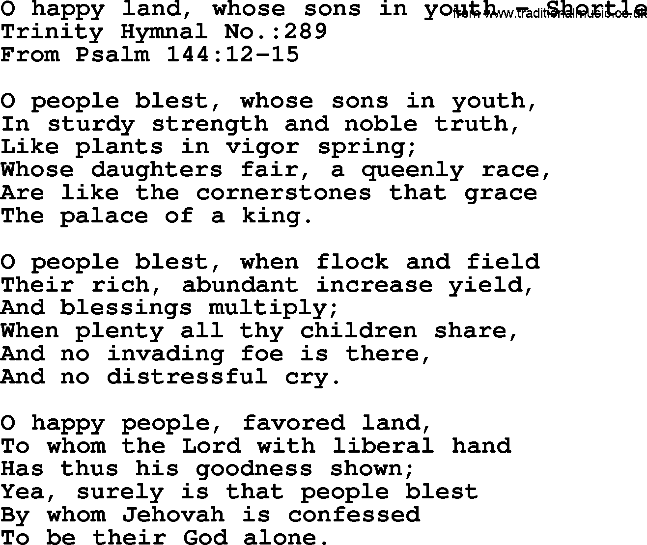 Trinity Hymnal Hymn: O Happy Land, Whose Sons In Youth--Shortle, lyrics with midi music