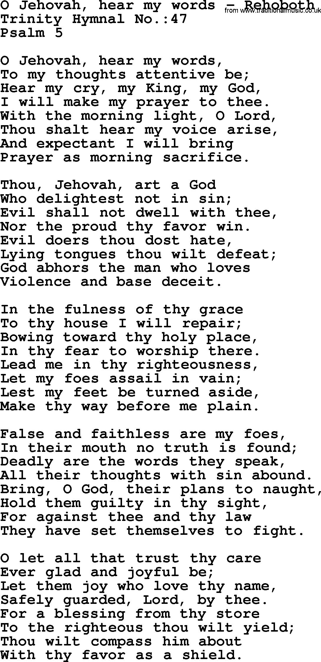 Trinity Hymnal Hymn: O Jehovah, Hear My Words--Rehoboth, lyrics with midi music