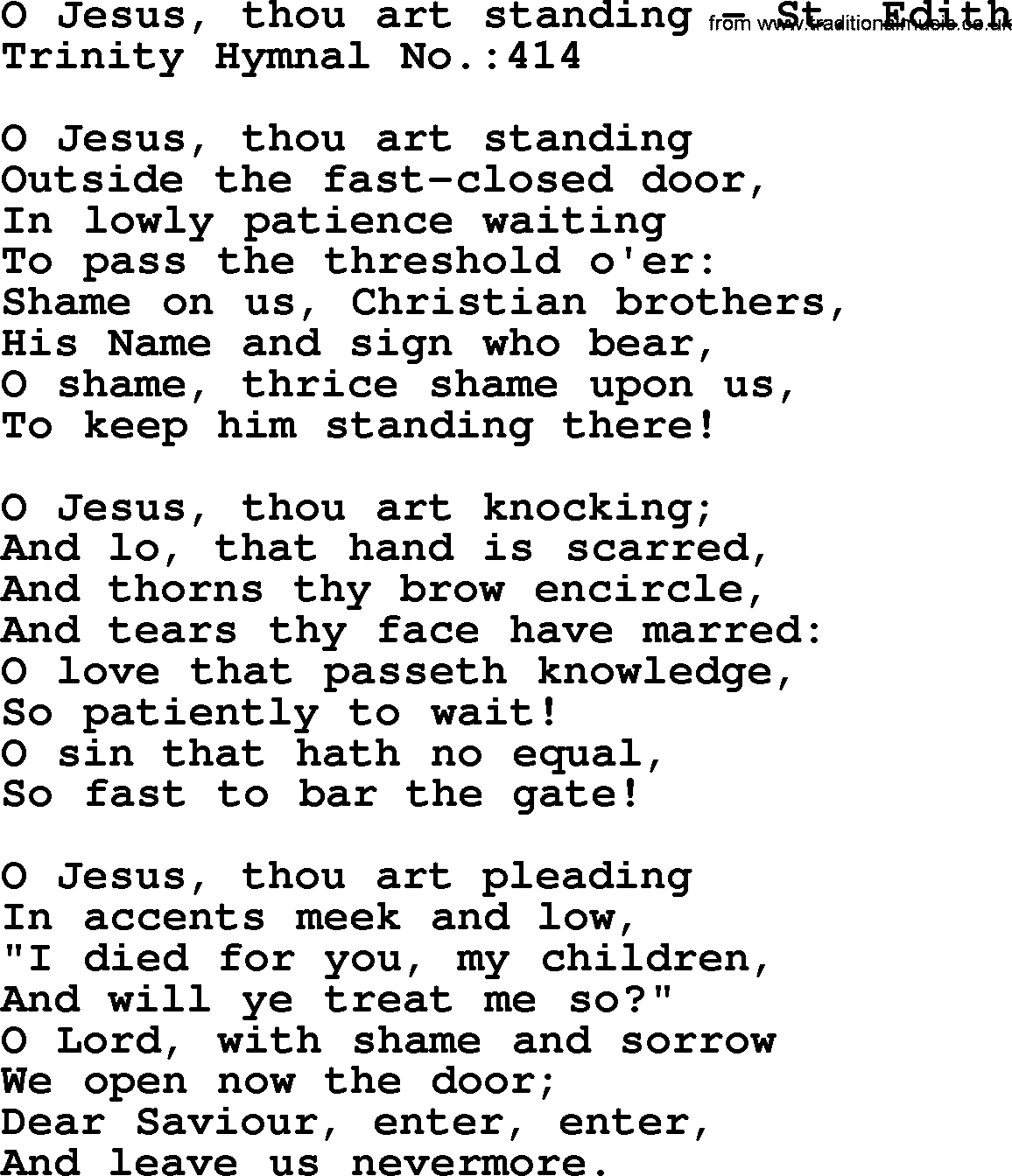Trinity Hymnal Hymn: O Jesus, Thou Art Standing--St. Edith, lyrics with midi music