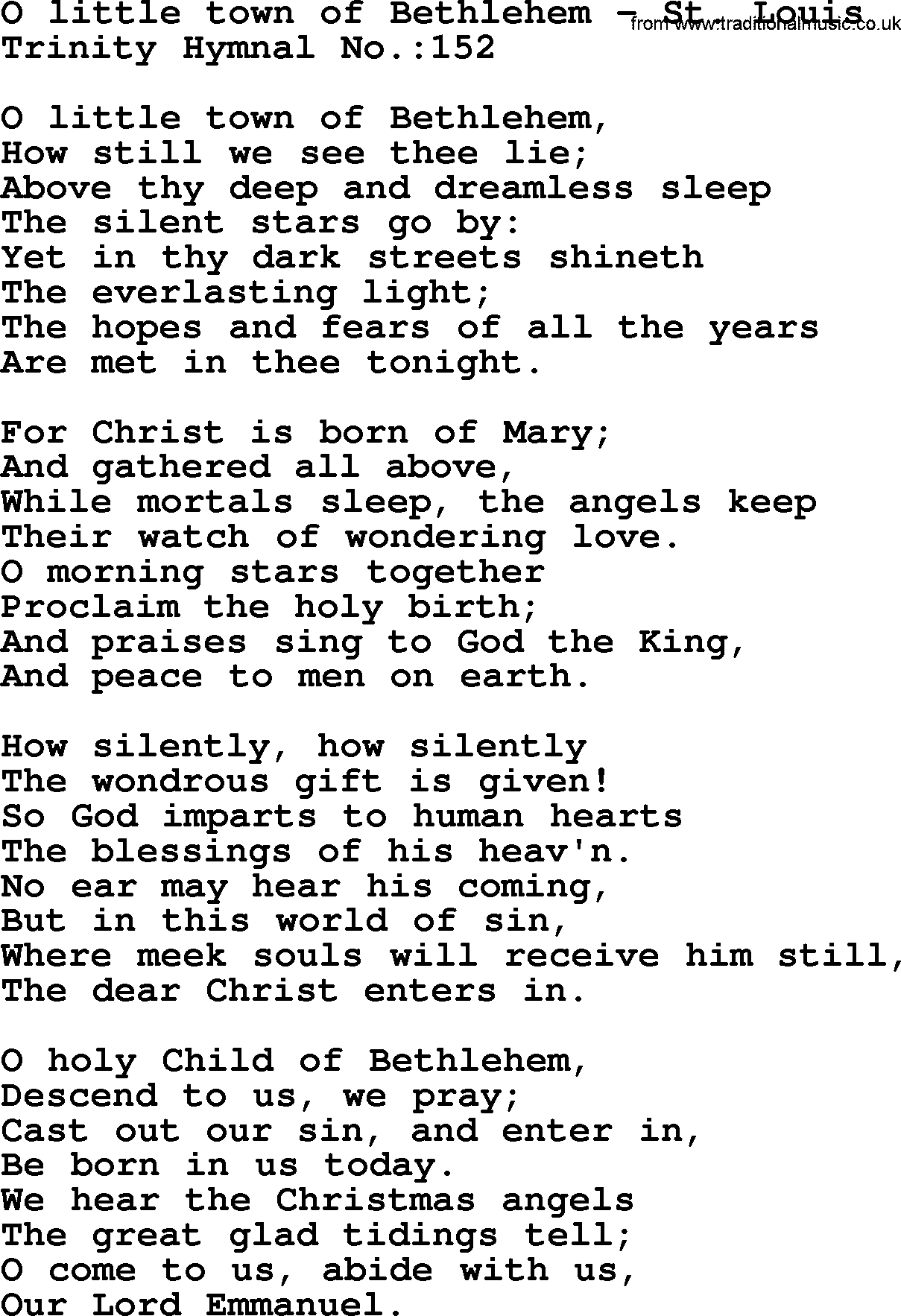 Trinity Hymnal Hymn: O Little Town Of Bethlehem--St. Louis, lyrics with midi music
