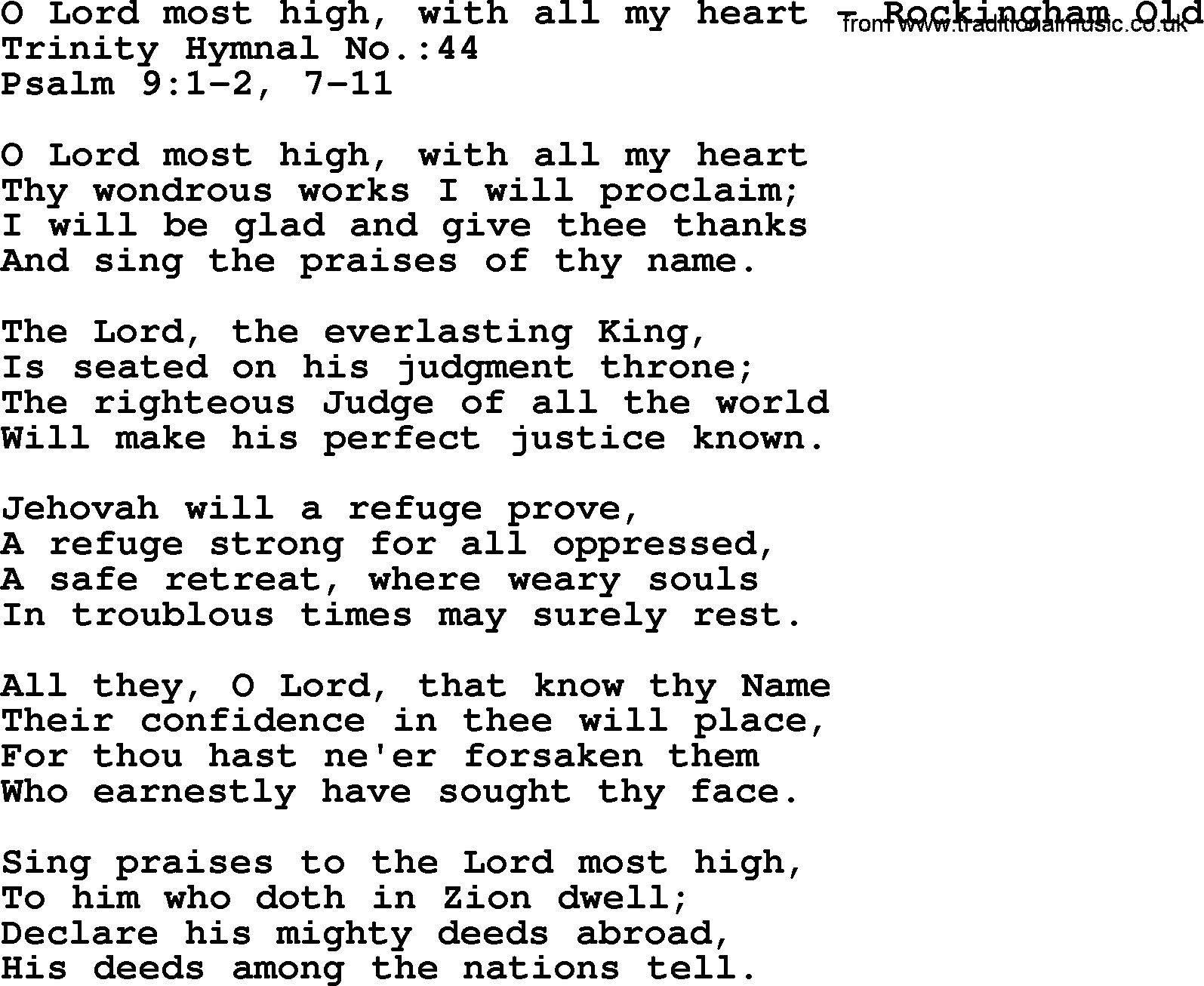 Trinity Hymnal Hymn: O Lord Most High, With All My Heart--Rockingham Old, lyrics with midi music