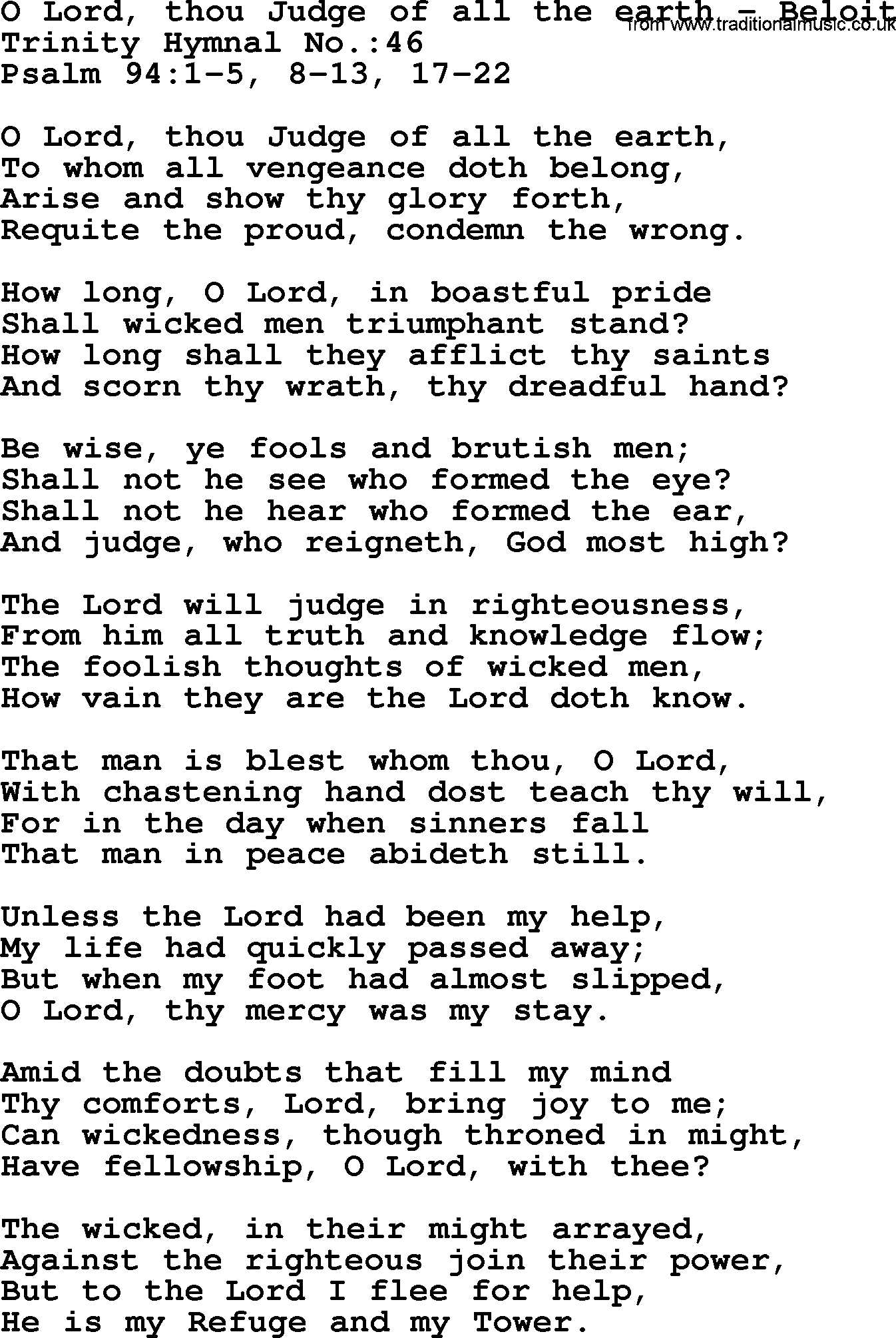 Trinity Hymnal Hymn: O Lord, Thou Judge Of All The Earth--Beloit, lyrics with midi music