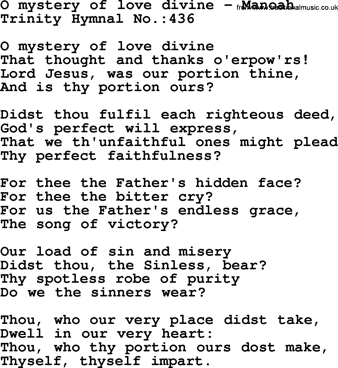 Trinity Hymnal Hymn: O Mystery Of Love Divine--Manoah, lyrics with midi music