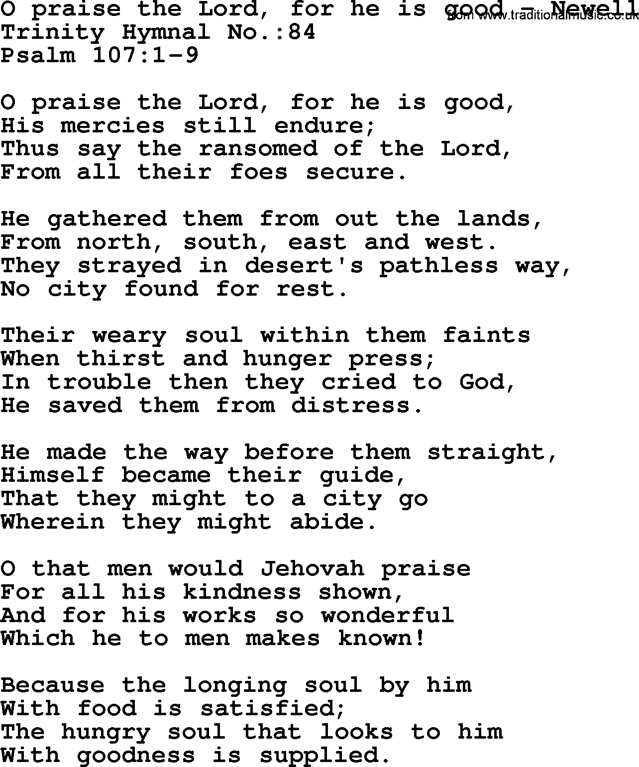 Trinity Hymnal Hymn: O Praise The Lord, For He Is Good--Newell, lyrics with midi music