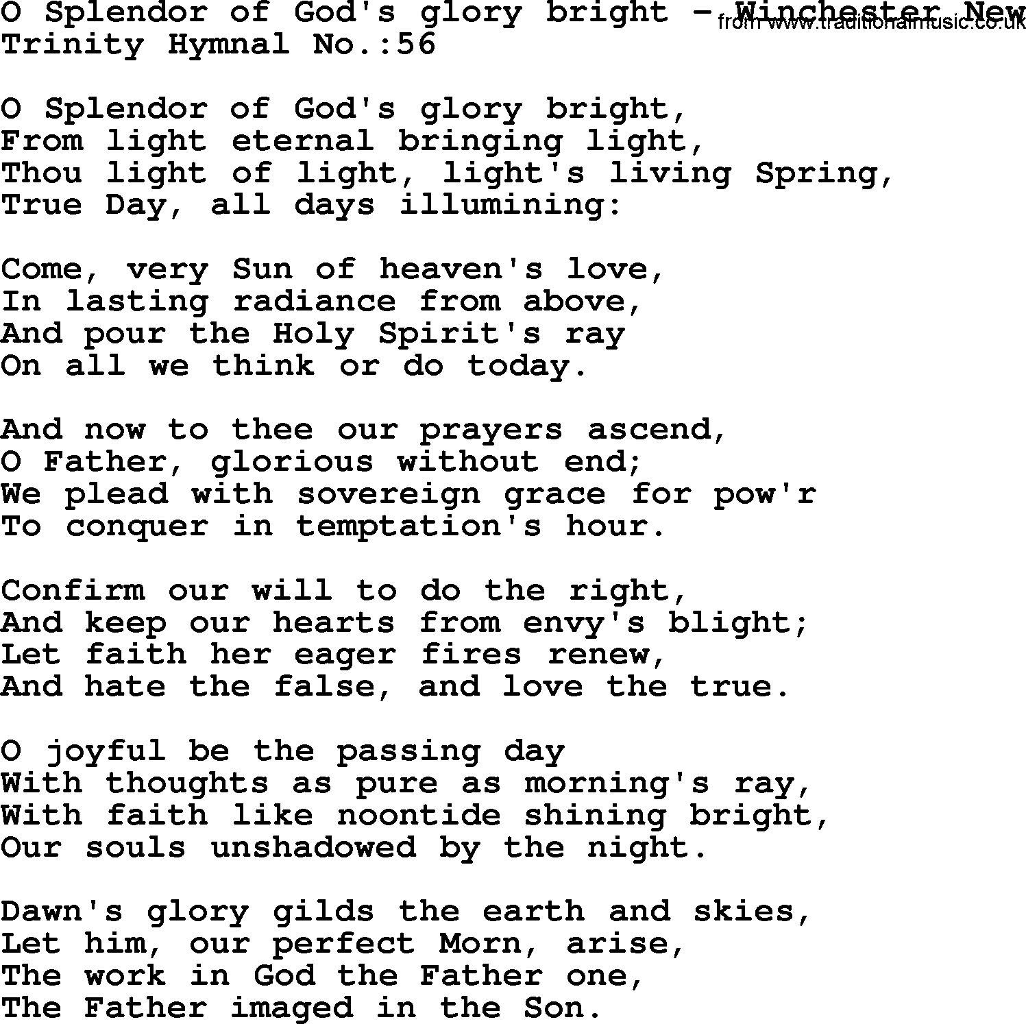 Trinity Hymnal Hymn: O Splendor Of God's Glory Bright--Winchester New, lyrics with midi music