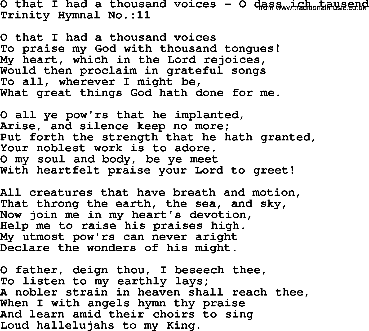 Trinity Hymnal Hymn: O That I Had A Thousand Voices--O Dass Ich Tausend, lyrics with midi music