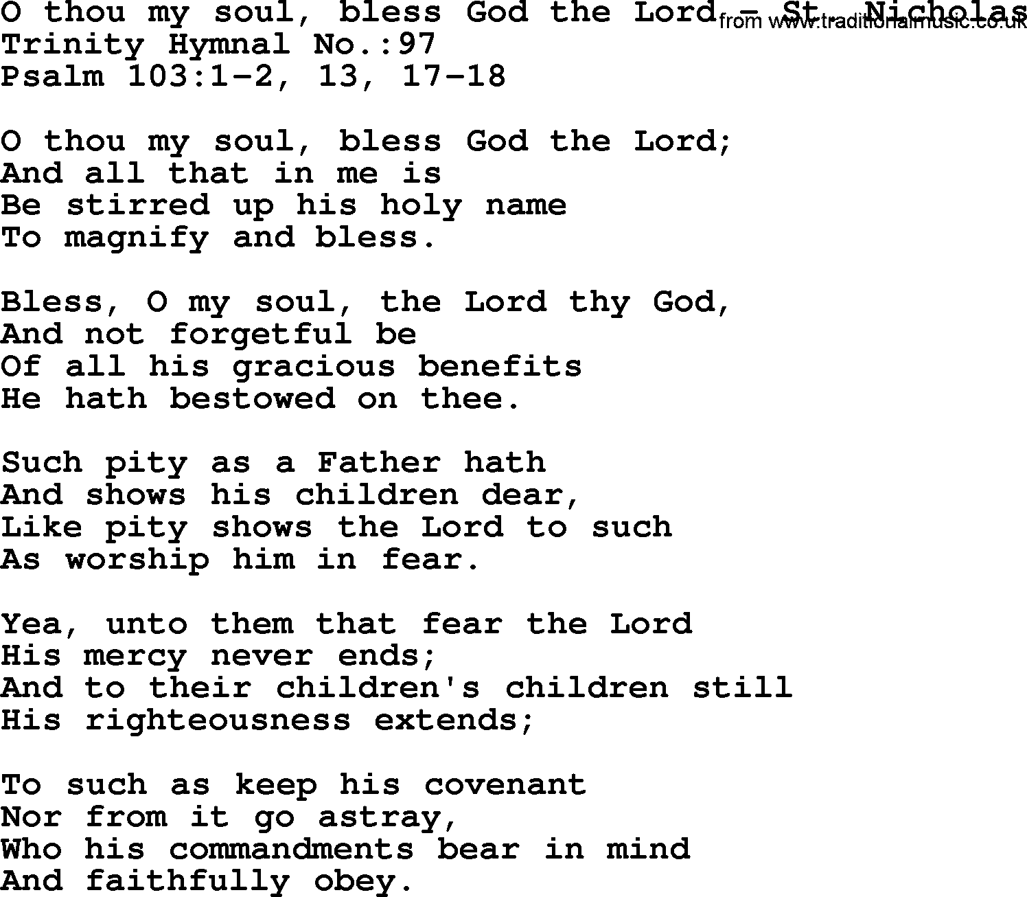 Trinity Hymnal Hymn: O Thou My Soul, Bless God The Lord--St. Nicholas, lyrics with midi music