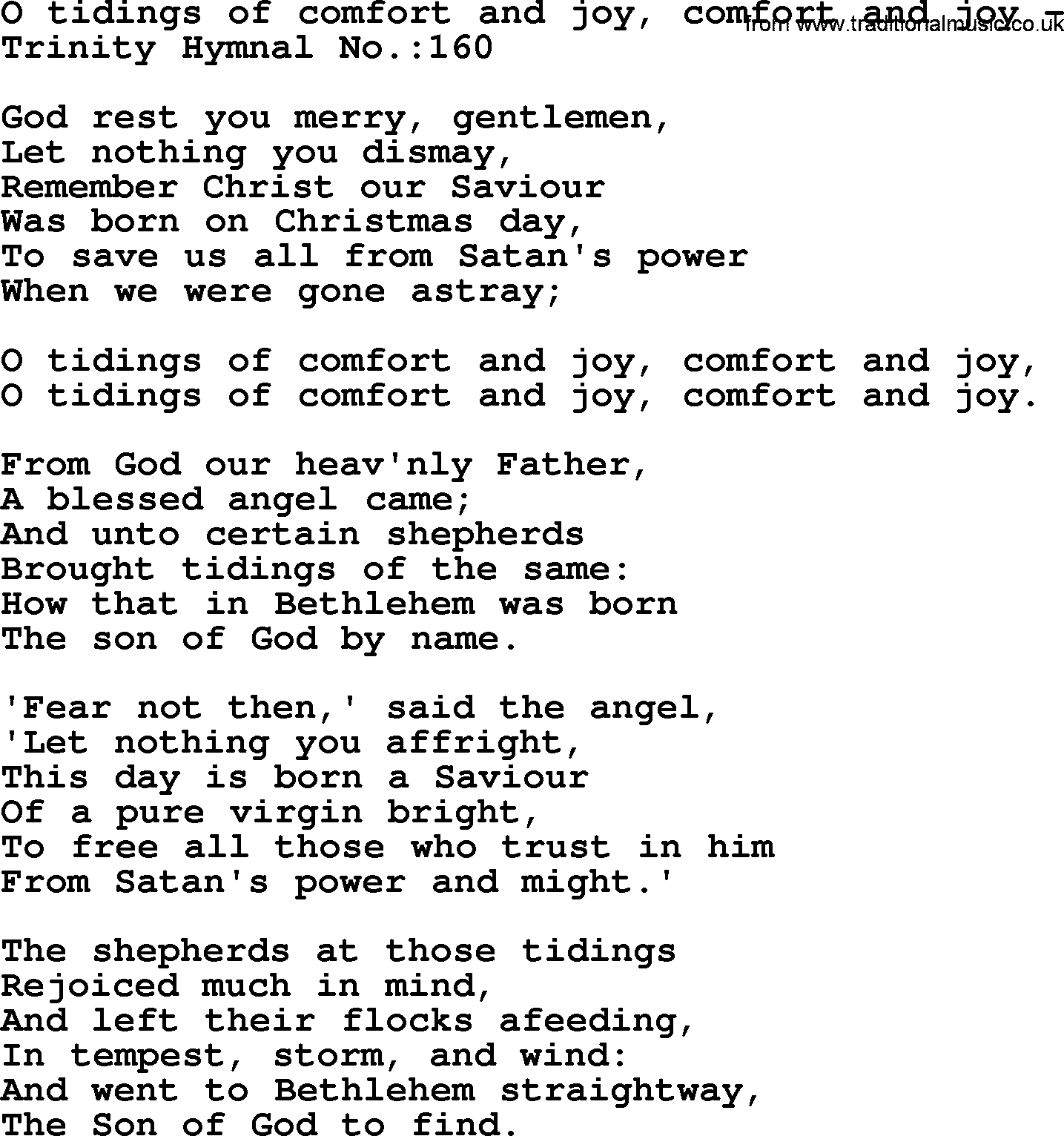 Trinity Hymnal Hymn: O Tidings Of Comfort And Joy, Comfort And Joy -, lyrics with midi music