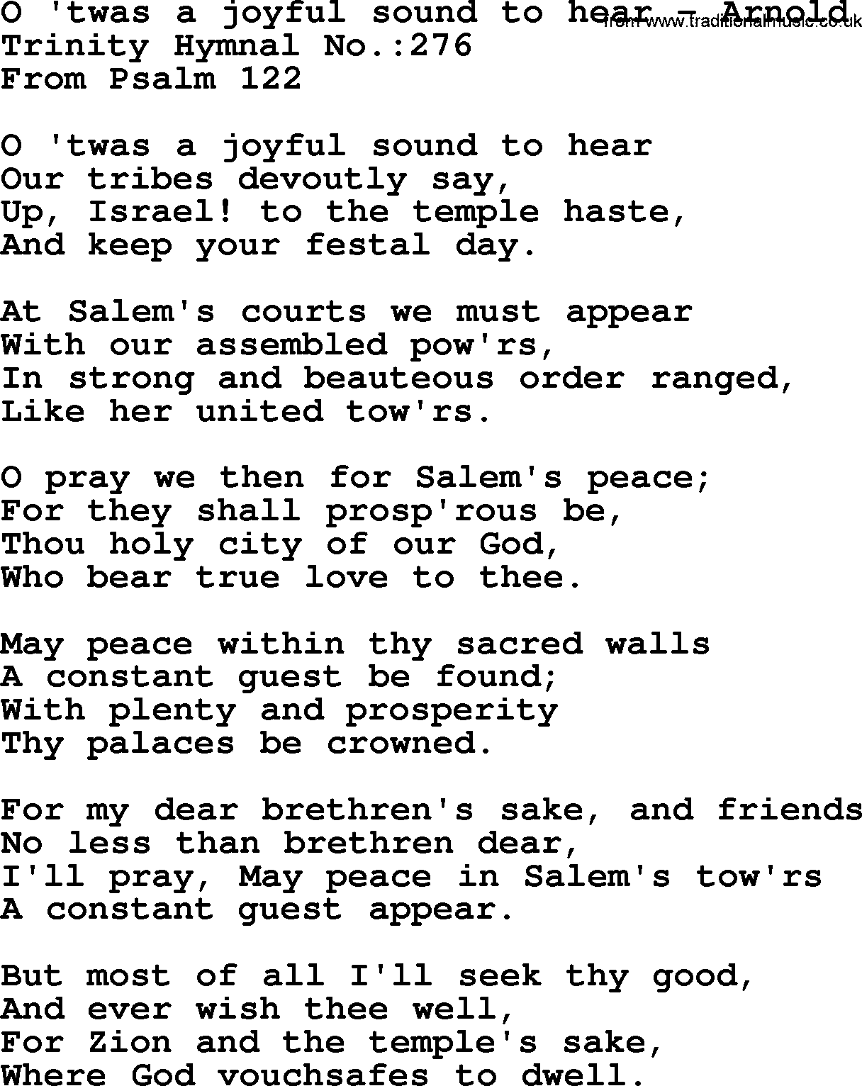 Trinity Hymnal Hymn: O Twas A Joyful Sound To Hear--Arnold, lyrics with midi music