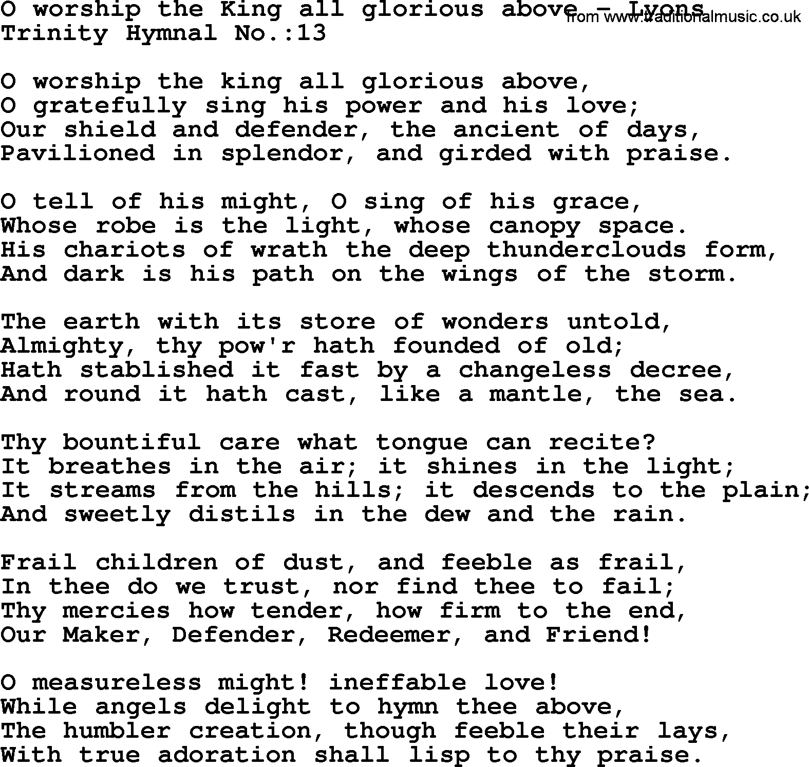 Trinity Hymnal Hymn: O Worship The King All Glorious Above--Lyons, lyrics with midi music