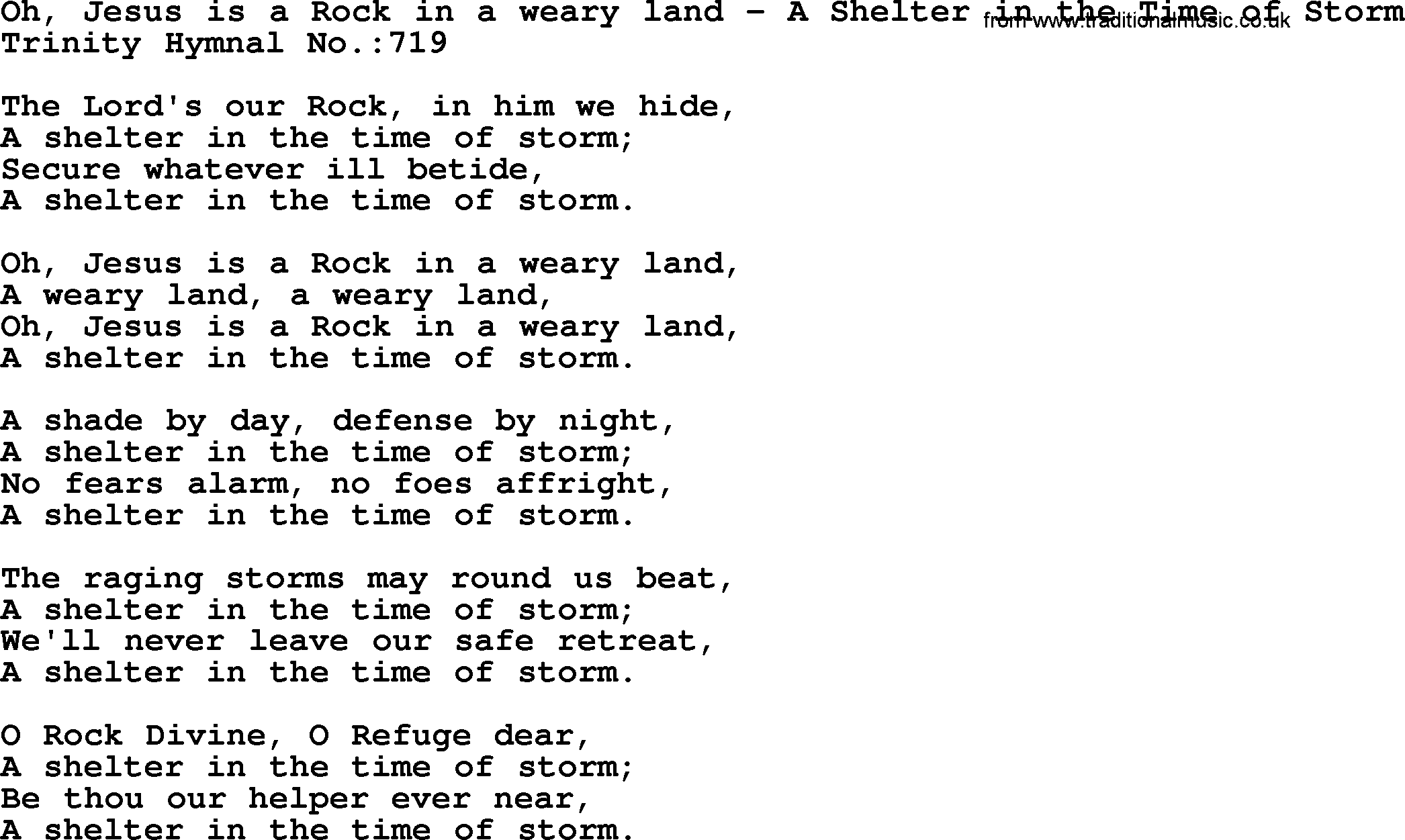 Trinity Hymnal Hymn: Oh, Jesus Is A Rock In A Weary Land--A Shelter In The Time Of Storm, lyrics with midi music