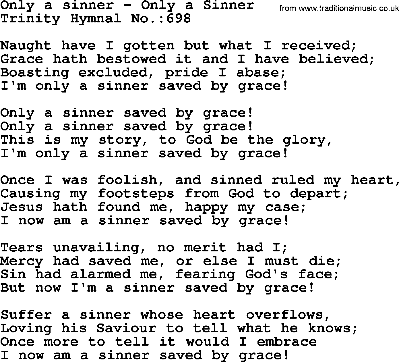 Trinity Hymnal Hymn: Only A Sinner--Only A Sinner, lyrics with midi music