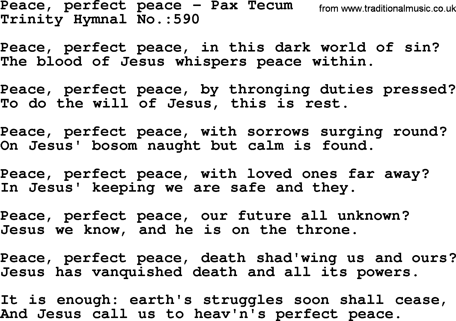 Trinity Hymnal Hymn: Peace, Perfect Peace--Pax Tecum, lyrics with midi music