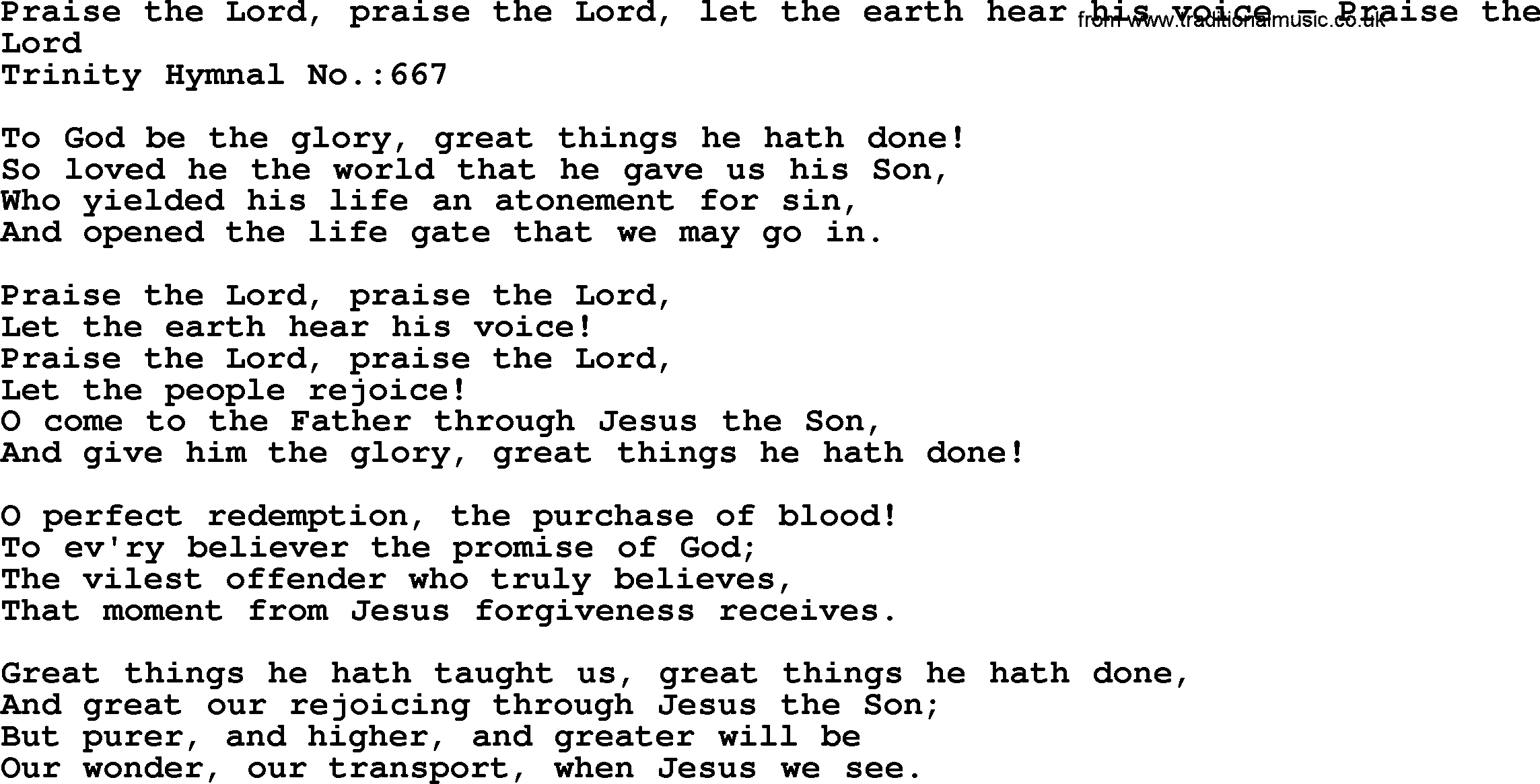 Trinity Hymnal Hymn: Praise The Lord, Praise The Lord, Let The Earth Hear His Voice--Praise The Lord, lyrics with midi music