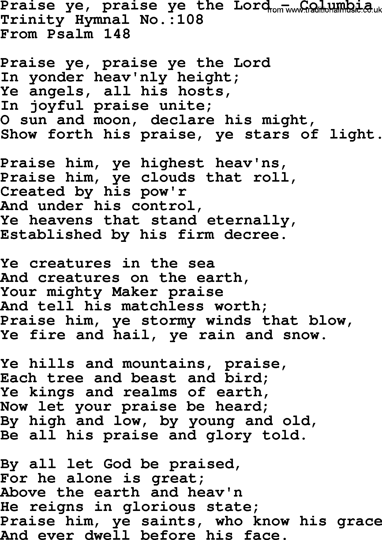 Trinity Hymnal Hymn: Praise Ye, Praise Ye The Lord--Columbia, lyrics with midi music