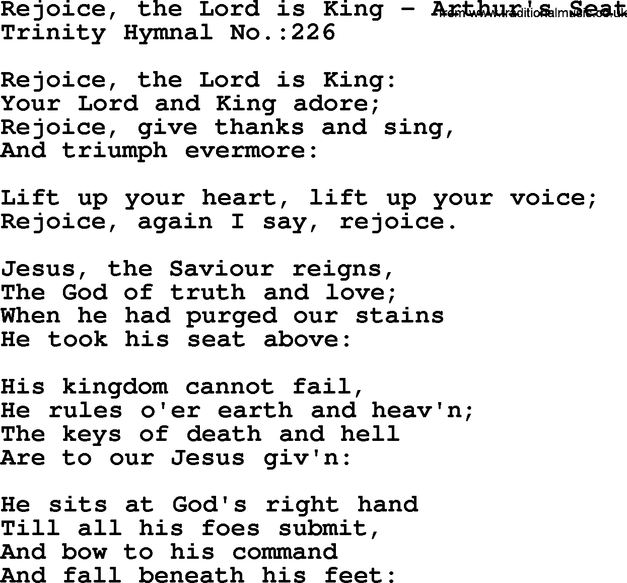 Trinity Hymnal Hymn: Rejoice, The Lord Is King--Arthur's Seat, lyrics with midi music