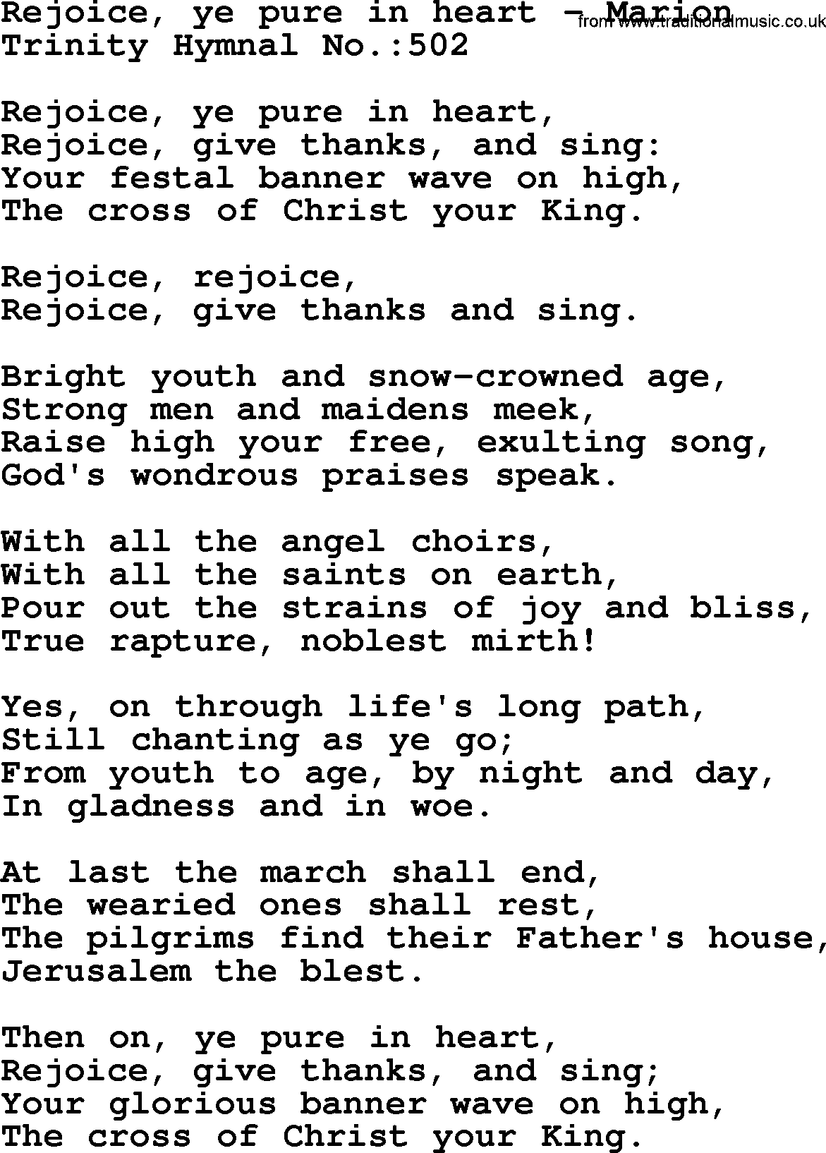 Trinity Hymnal Hymn: Rejoice, Ye Pure In Heart--Marion, lyrics with midi music