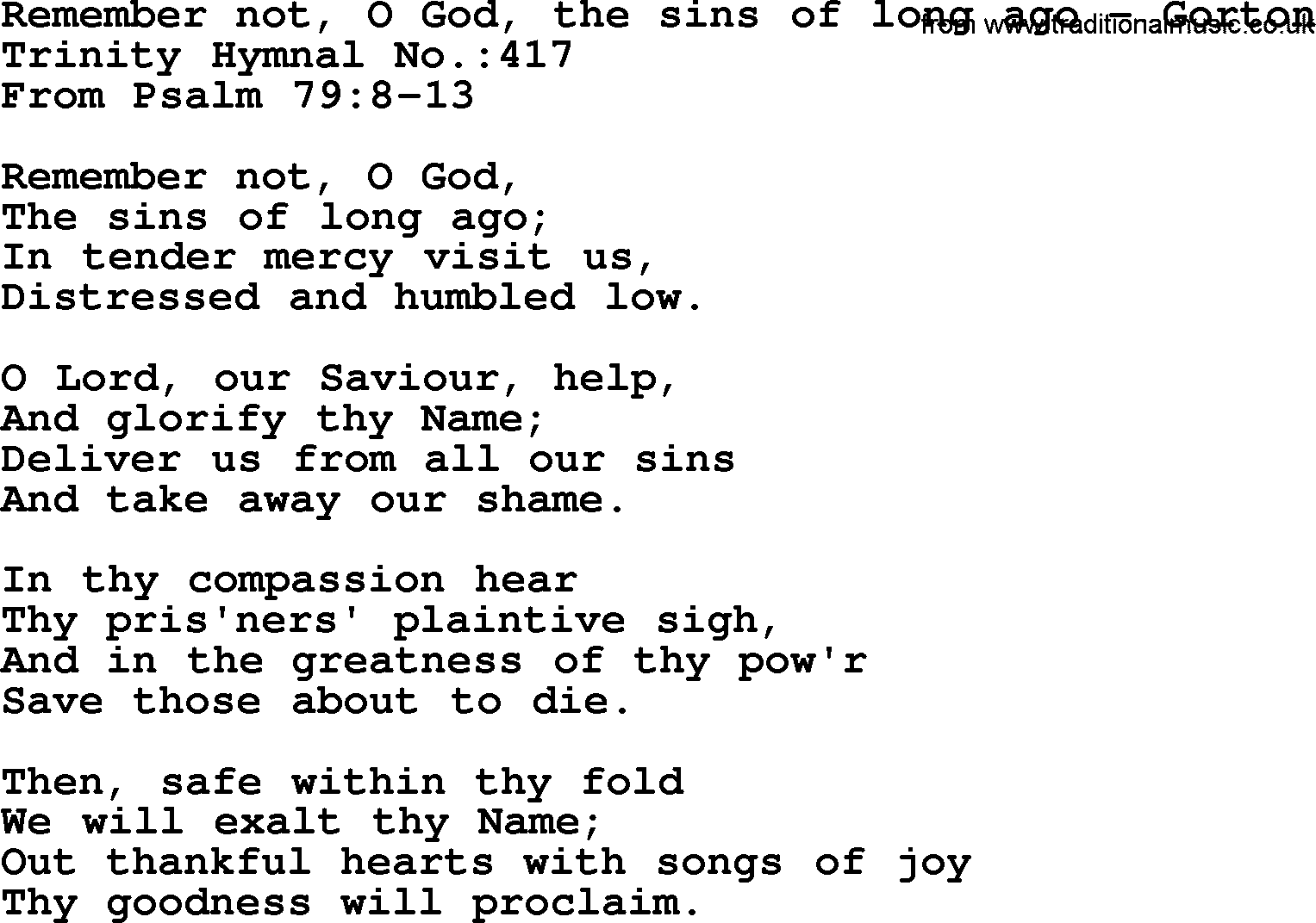Trinity Hymnal Hymn: Remember Not, O God, The Sins Of Long Ago--Gorton, lyrics with midi music