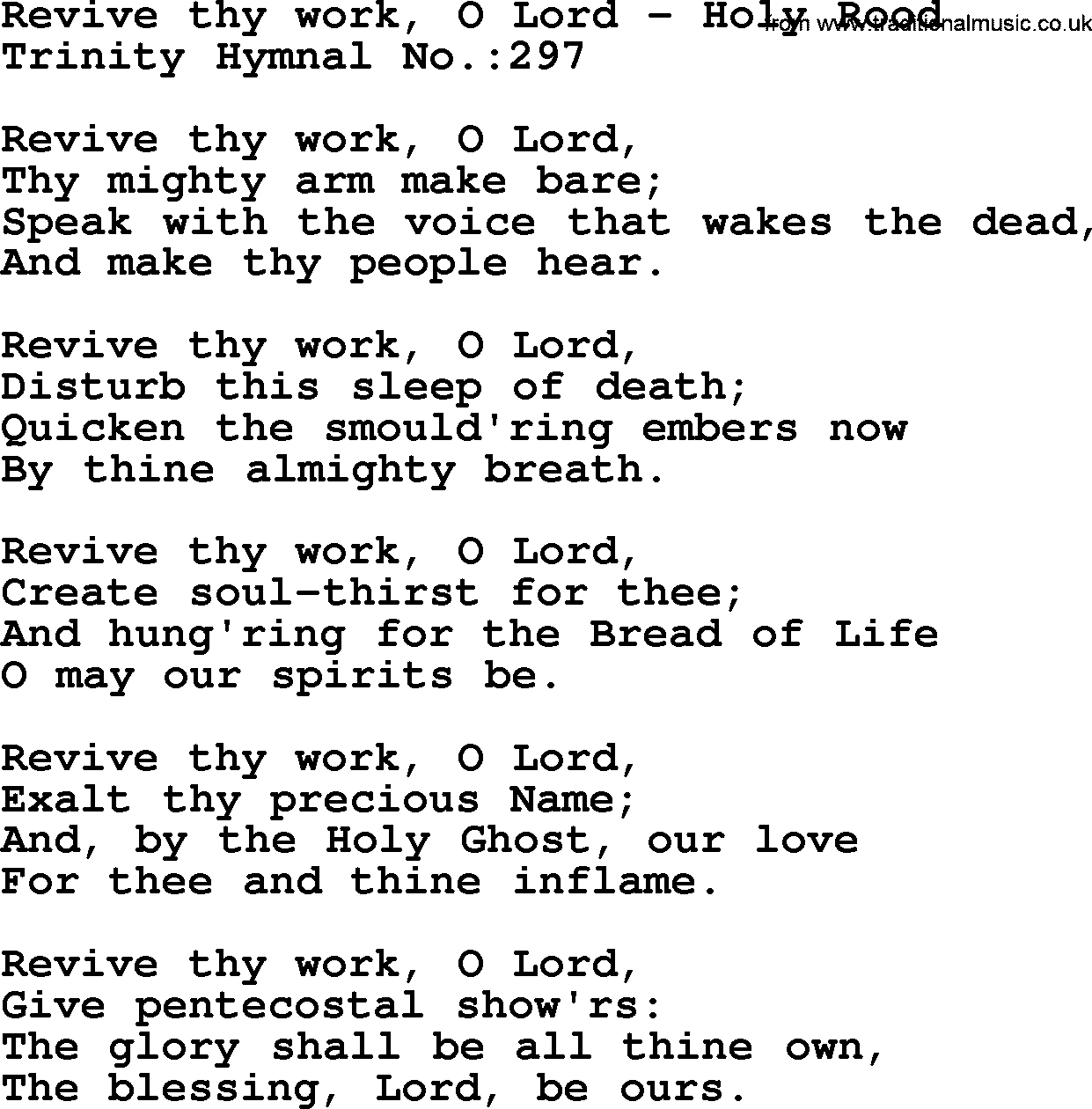 Trinity Hymnal Hymn: Revive Thy Work, O Lord--Holy Rood, lyrics with midi music