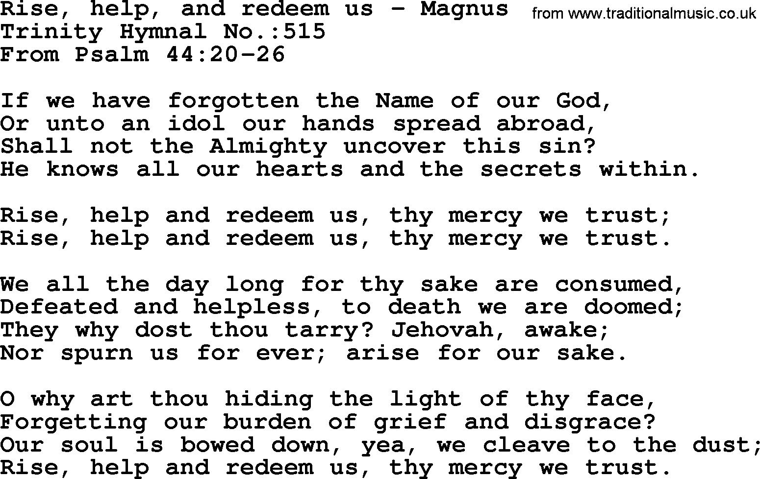 Trinity Hymnal Hymn: Rise, Help, And Redeem Us--Magnus, lyrics with midi music