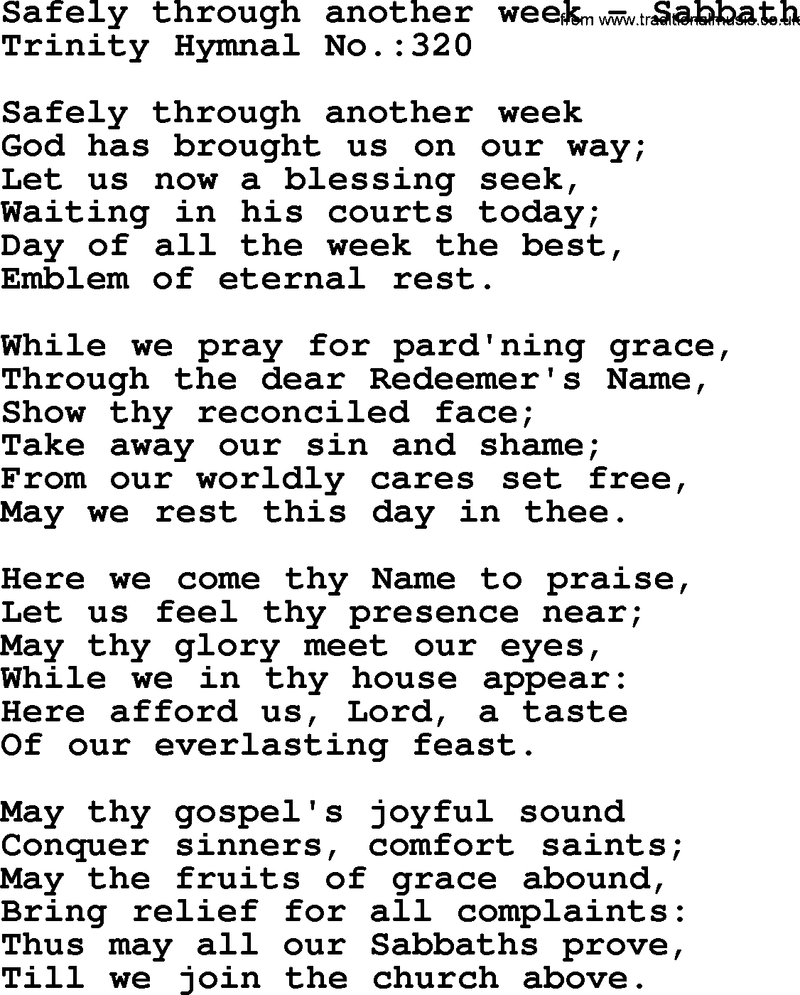 Trinity Hymnal Hymn: Safely Through Another Week--Sabbath, lyrics with midi music
