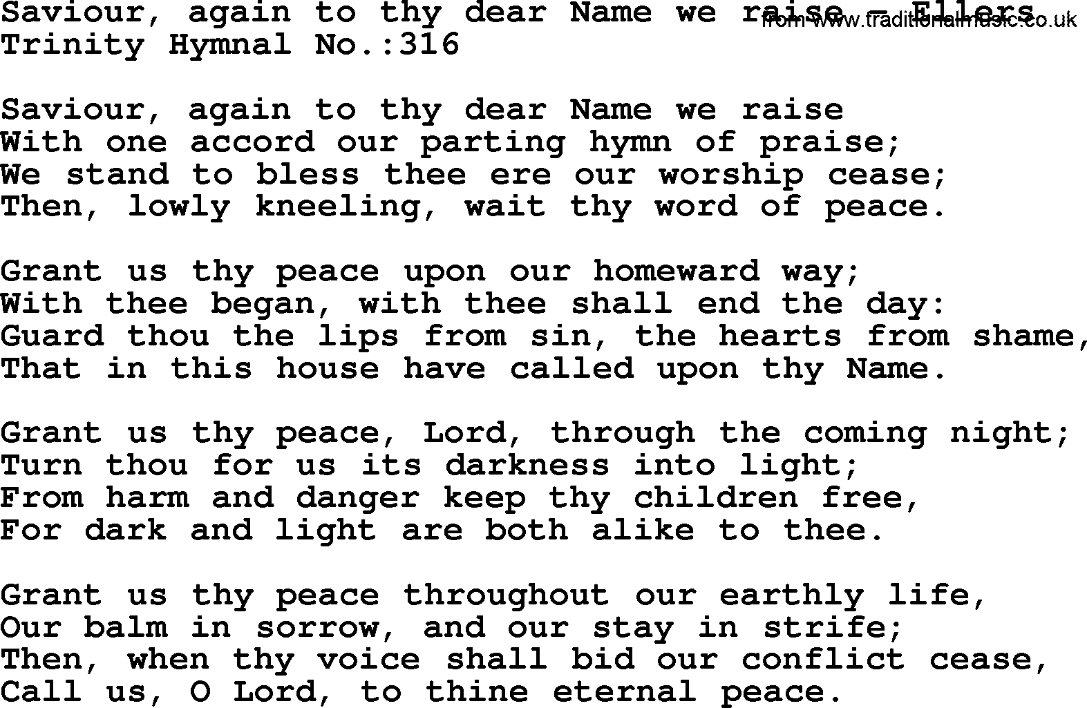 Trinity Hymnal Hymn: Saviour, Again To Thy Dear Name We Raise--Ellers, lyrics with midi music