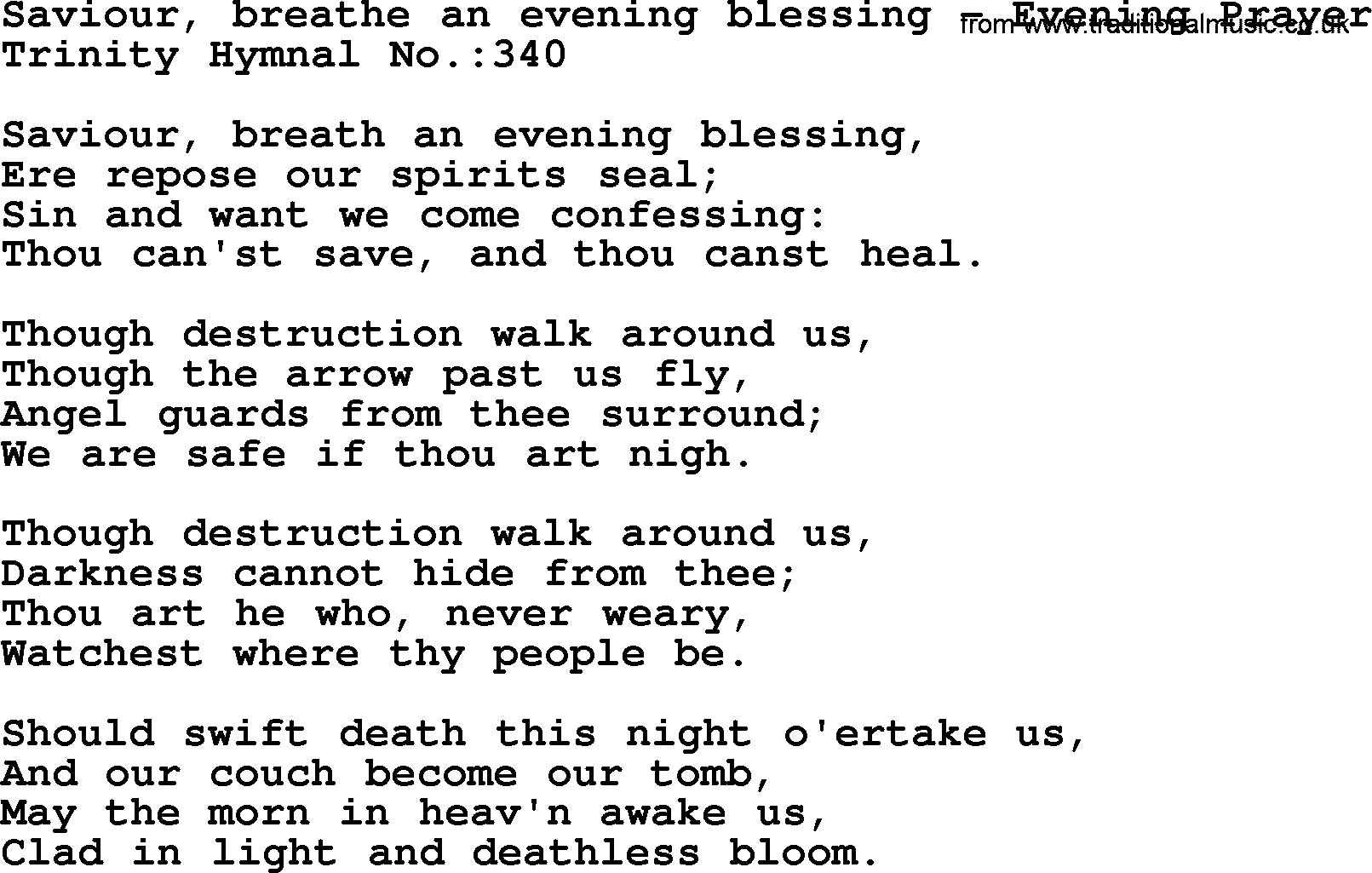 Trinity Hymnal Hymn: Saviour, Breathe An Evening Blessing--Evening Prayer, lyrics with midi music