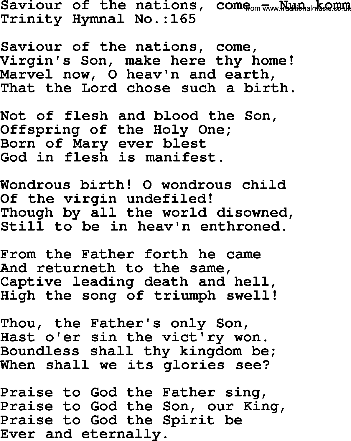 Trinity Hymnal Hymn: Saviour Of The Nations, Come--Nun Komm, lyrics with midi music
