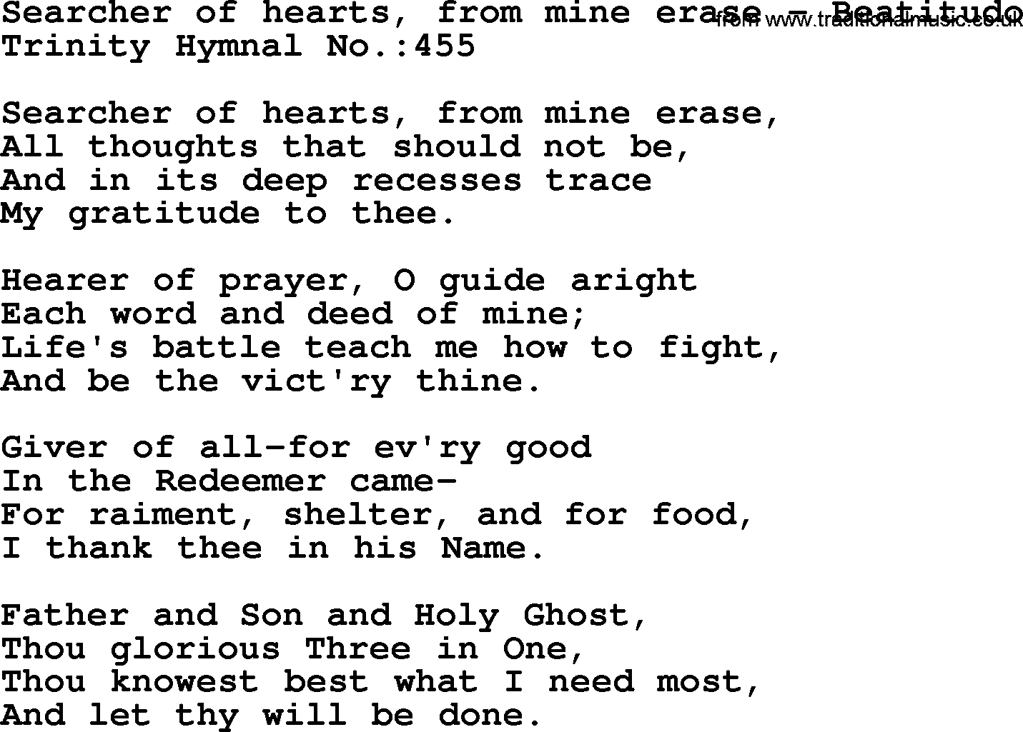 Trinity Hymnal Hymn: Searcher Of Hearts, From Mine Erase--Beatitudo, lyrics with midi music