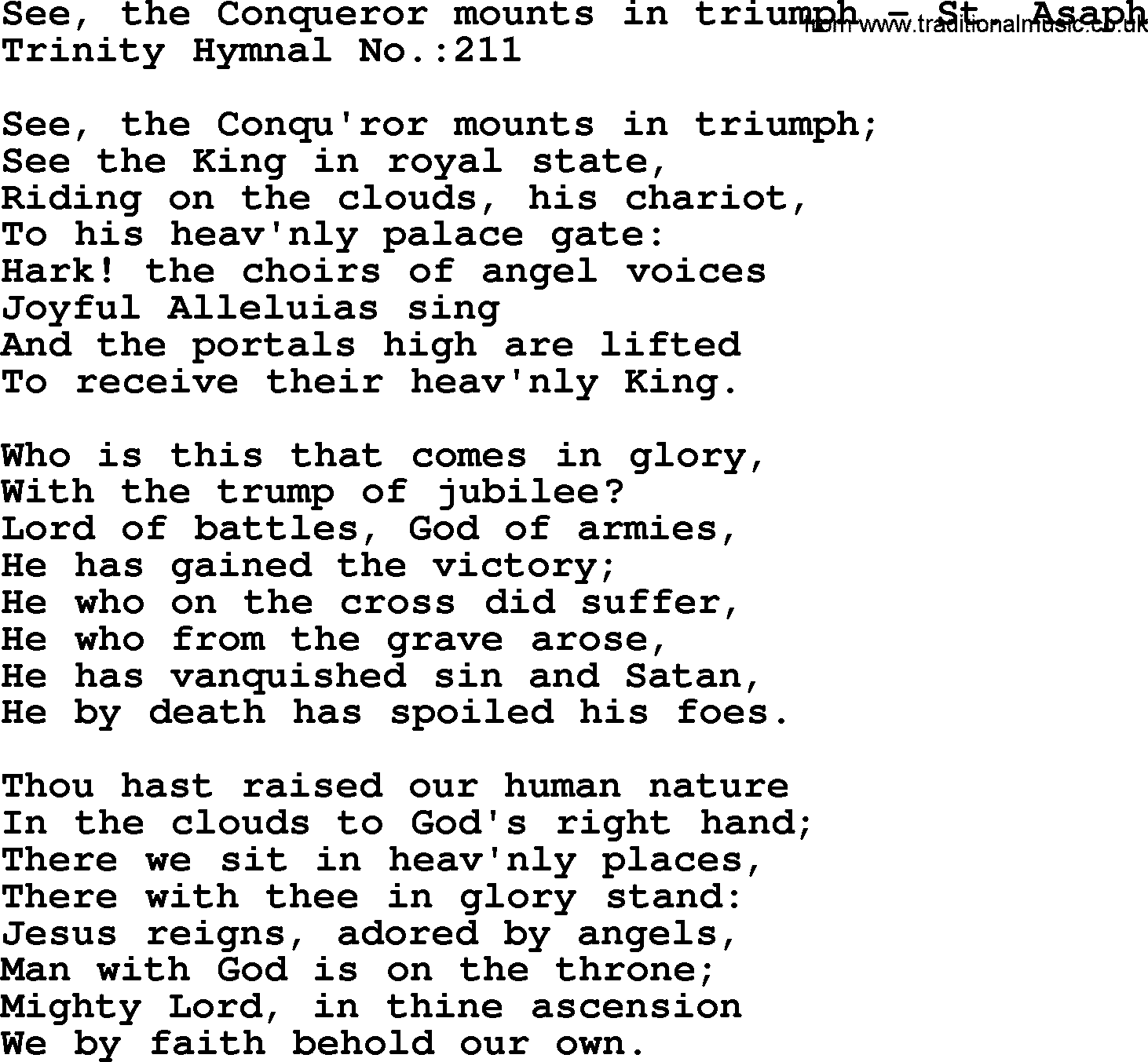 Trinity Hymnal Hymn: See, The Conqueror Mounts In Triumph--St. Asaph, lyrics with midi music