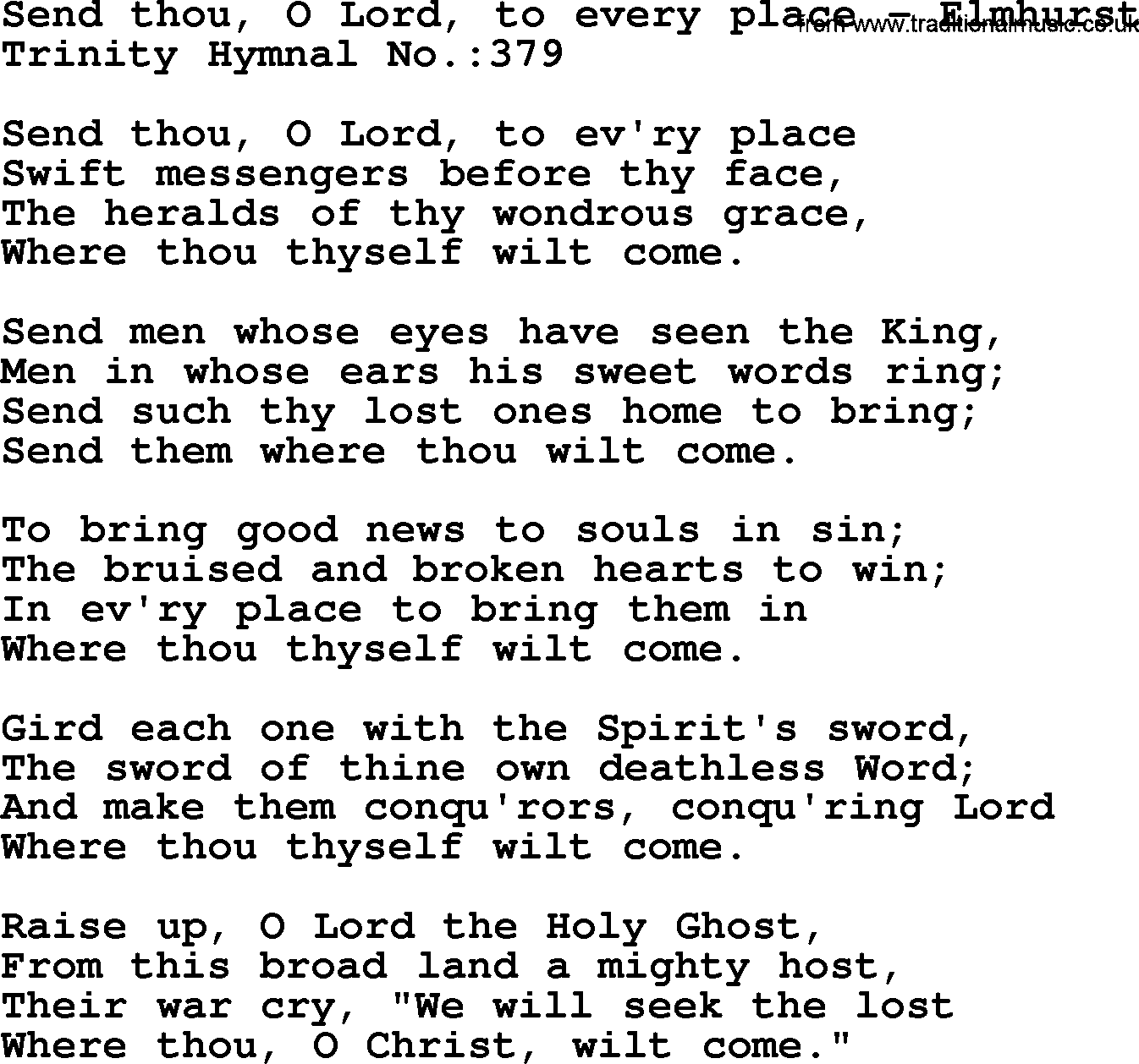 Trinity Hymnal Hymn: Send Thou, O Lord, To Every Place--Elmhurst, lyrics with midi music