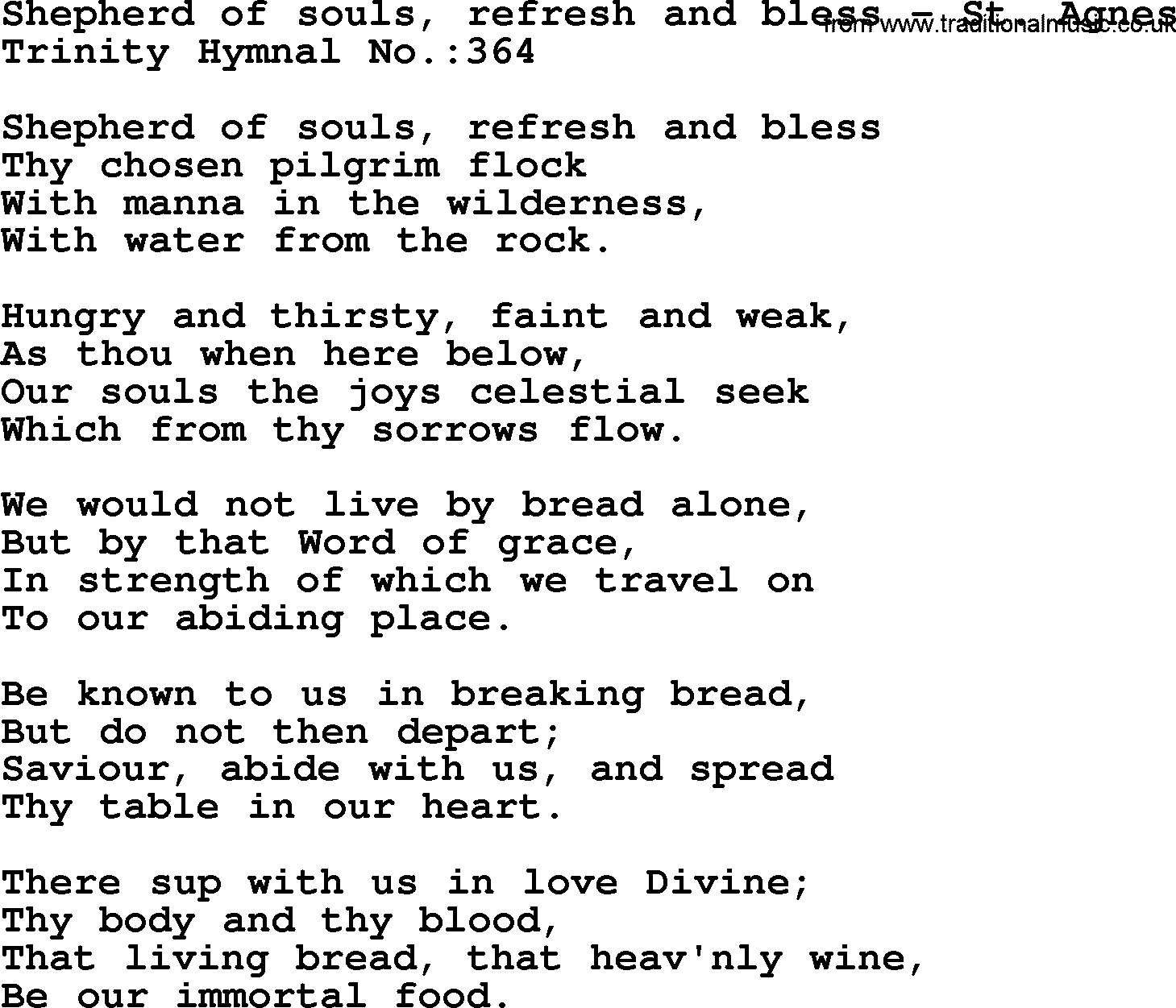 Trinity Hymnal Hymn: Shepherd Of Souls, Refresh And Bless--St. Agnes, lyrics with midi music