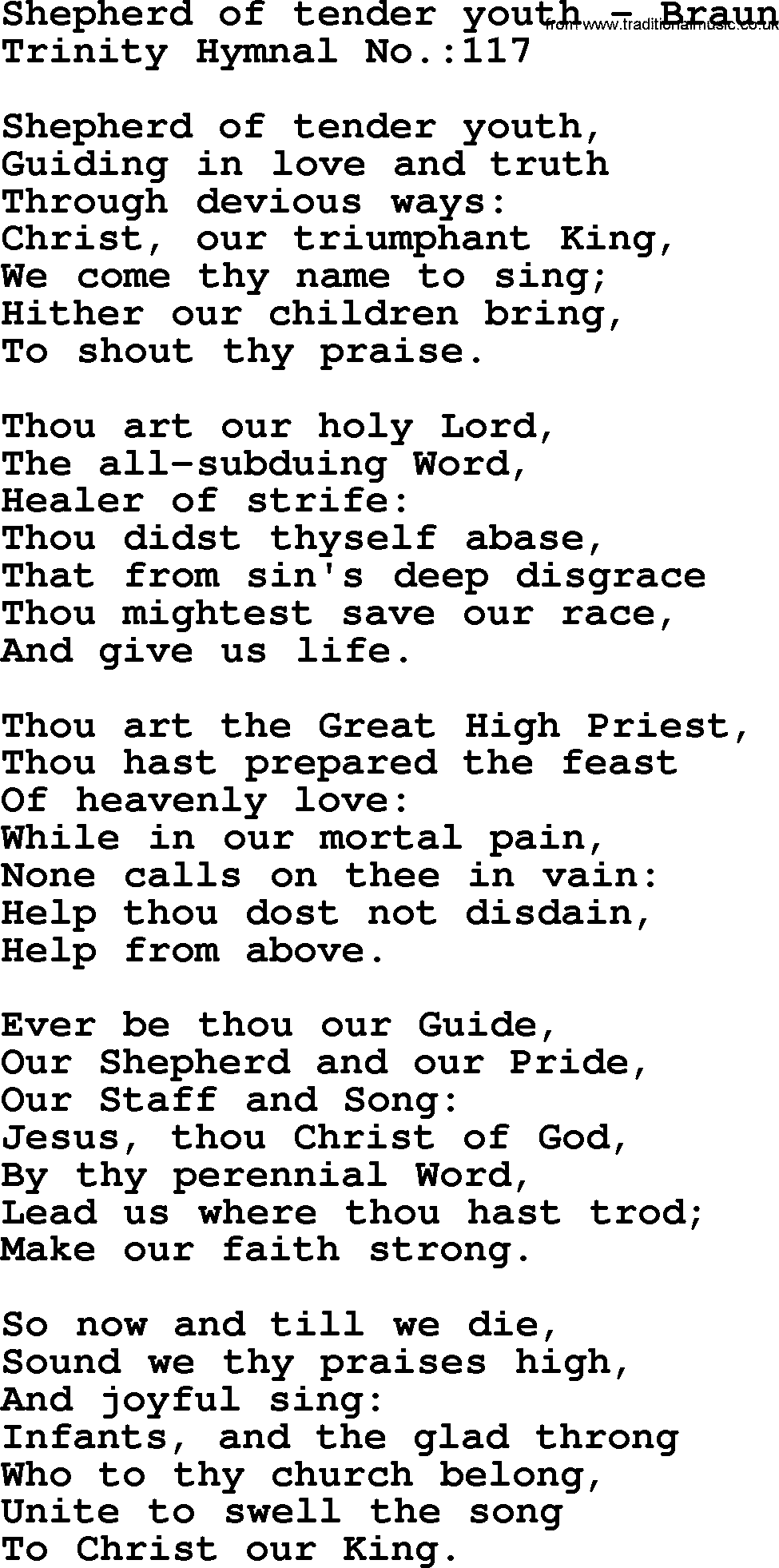 Trinity Hymnal Hymn: Shepherd Of Tender Youth--Braun, lyrics with midi music