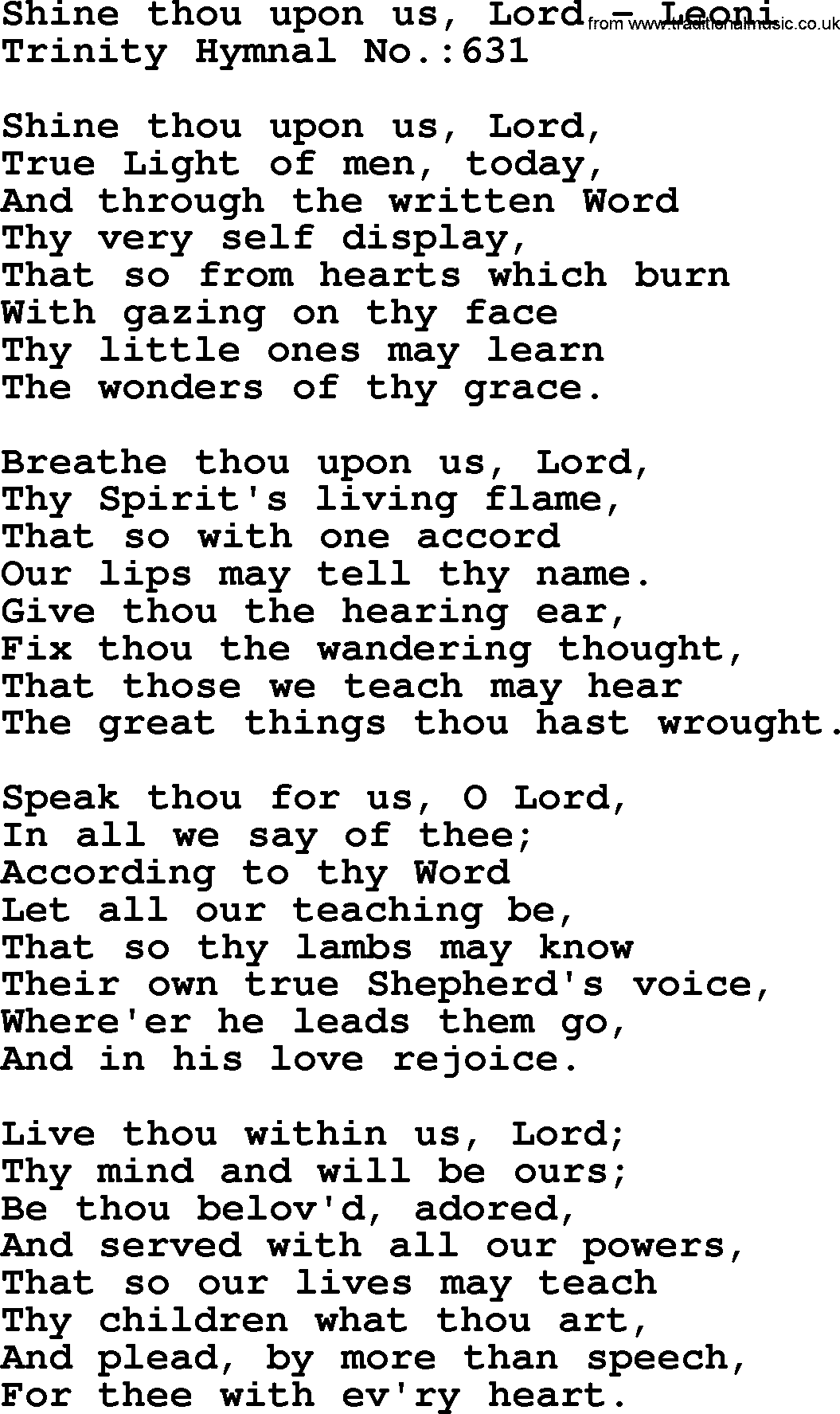 Trinity Hymnal Hymn: Shine Thou Upon Us, Lord--Leoni, lyrics with midi music